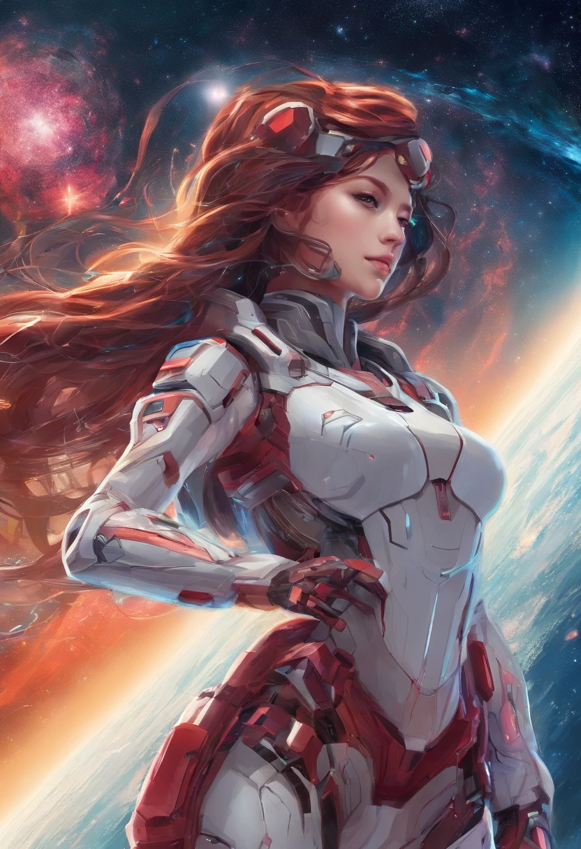 girl,19years old,Brown hair long,Side twisted braid,Hair is slightly curled,red headgear,red long skirt,Looks free and determined,Full body like,ancient wind,background starry sky。