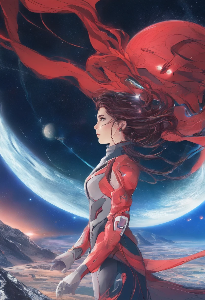 girl,19years old,Brown hair long,Side twisted braid,Hair is slightly curled,red headgear,red long skirt,Looks free and determined,Full body like,ancient wind,background starry sky。