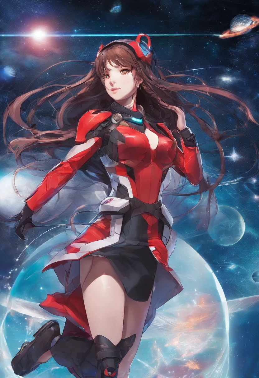 girl,19years old,Brown hair long,Side twisted braid,Hair is slightly curled,red headgear,red long skirt,Looks free and determined,Full body like,ancient wind,background starry sky。