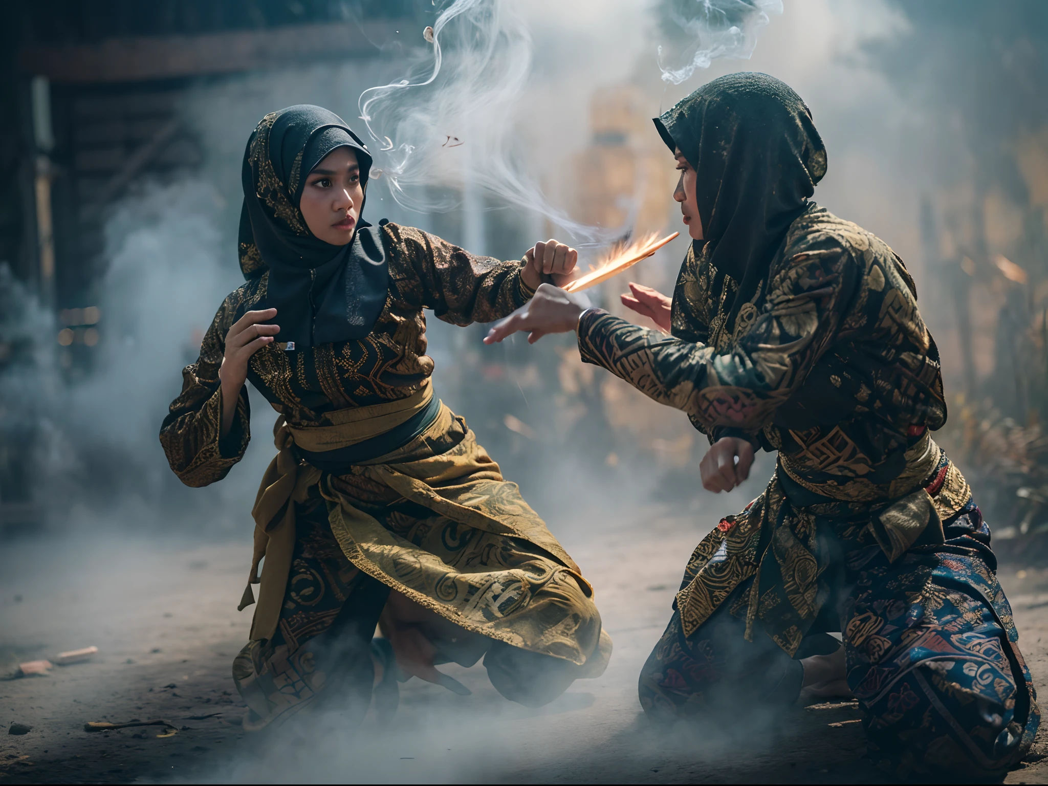 2 hijab malay woman heroin/warrior in fighting scene using keris, batik & songket costume,action silat, dark night background, a lot of smoke effect in below, 28mm lense, Establishing shot, muted color grading, cinemascope cinematography effect, thriller movie scene, action mood,