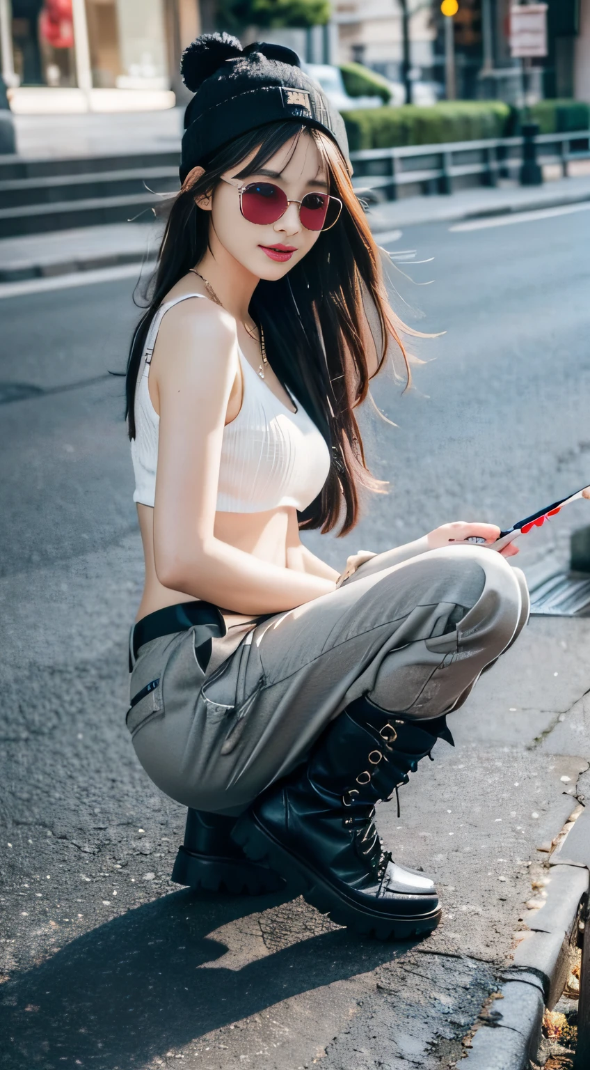 （３２K,high-detail,high detal,hight resolution,highdensity,独奏,Lori：1.3）,（Realistic people,Live Action,A detailed eye,High resolution eyes,Fine eyes,Eyes that look like they are alive,Beautiful dark blue eyes,Fishing eyes,detailed lips,Crystal clear white skin,detailed realistic faces：1.3）,（Japanese ido,Korean Idols,model in Japan,Korean models,Korean K-Pop Female Idols：1.2）,（with a flushed face,natural make up,a necklace,piercings,Navel piercing：1.4）（Military Cargo Pants,Colorful tops with a large silhouette,Large-sized coat,Leather Boots,Knitted hats,Mode-type beautiful eyes casual：1.6）,（well-shaped breasts：1.5）,（A young but very beautiful Korean１6 years old little girl,Cool eyes,little smiling,facing back,turned around,Looking at the camera,Fashion Leader,fashion modell,Soft skin,Unforgettable eyes,Eyes are too beautiful,I want to go to Paris Collection.,Cutting-edge fashion：1.6）,（showing your whole body,Show full-body fashion,Stylish blue glasses：1.7）
