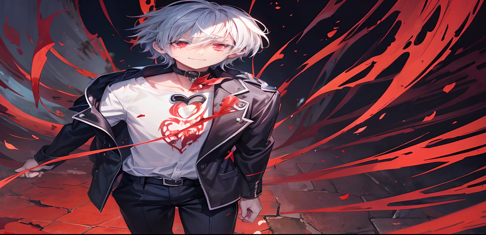 Anime boy, detailed, depressed, his heart ripped from his chest by his own hands, crying blood and smiling maniacally, blood stained tears, eyes gloooming in the shadow, background, dark alley street background, detailed background, cyber street, blood moon, moonlight, starry sky,