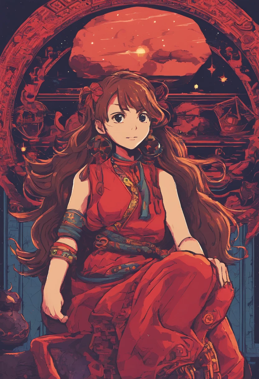 girl,ar old,wn hair long,Side twists,Hair is slightly curled,red headgear,Black gemstone decoration on the hair,red long skirt,It looks free and loose,Full body like,ancient wind,background starry sky。