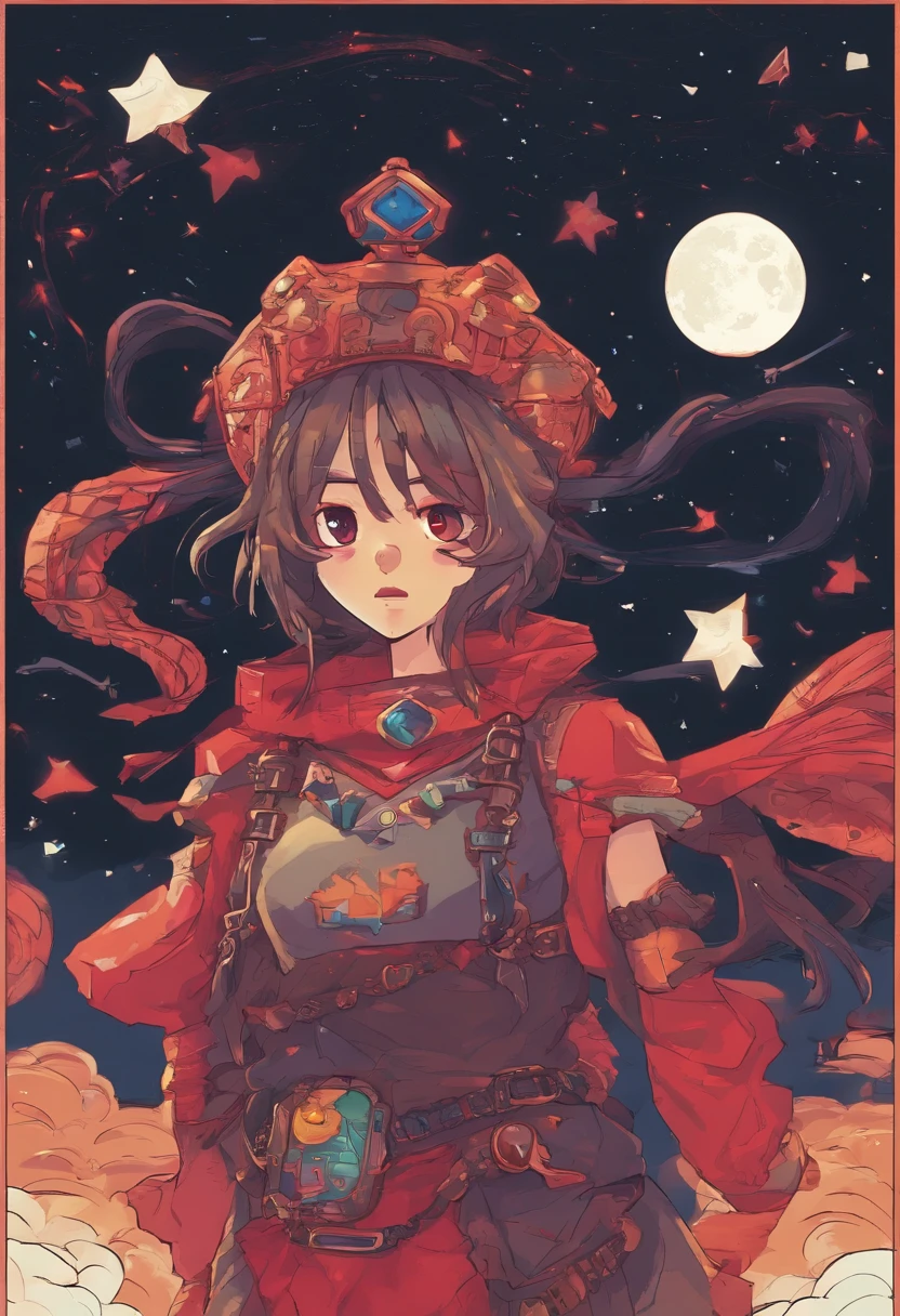 girl,ar old,wn hair long,Side twists,Hair is slightly curled,red headgear,Black gemstone decoration on the hair,red long skirt,It looks free and loose,Full body like,ancient wind,background starry sky。