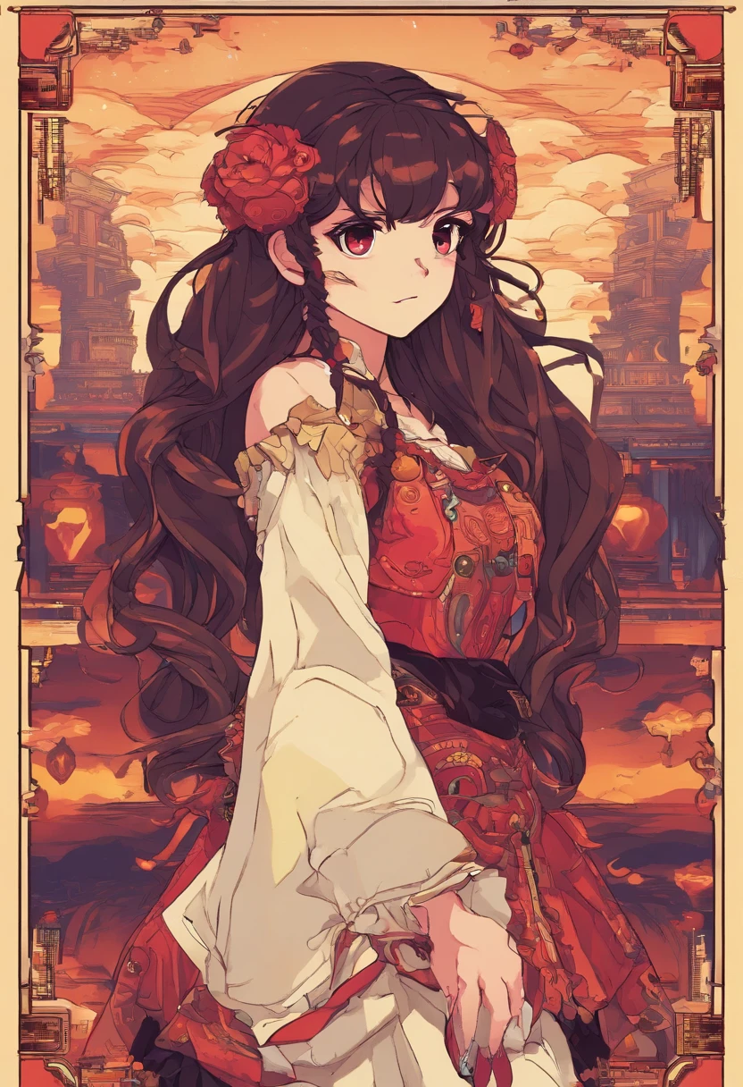 girl,15year old,Brown hair long,Side twists,Hair is slightly curled,red headgear,Black gemstone decoration on the hair,red long skirt,It looks free and loose,Full body like,ancient wind,background starry sky。