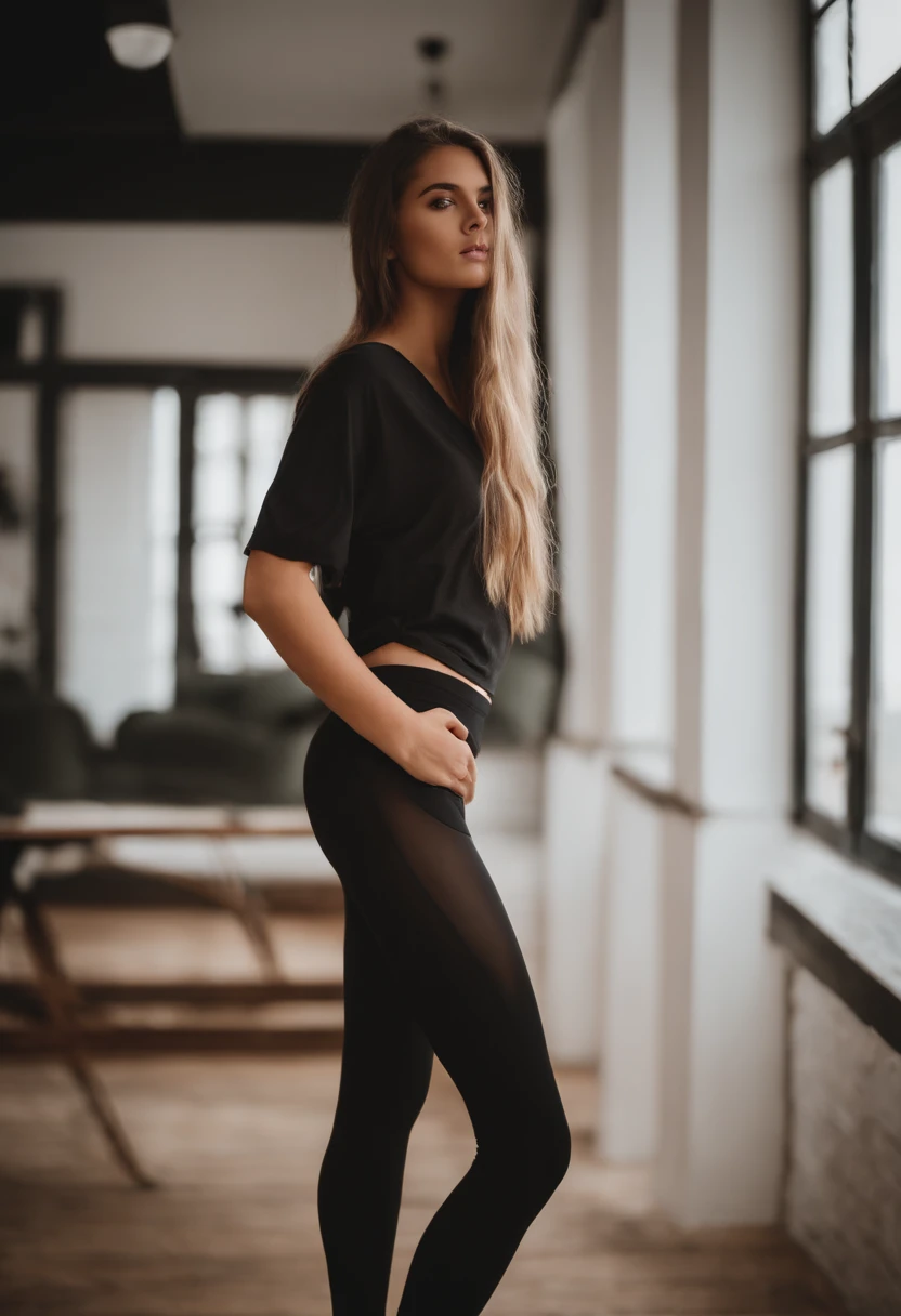 Woman in loose clothes, Sexy Instagram model, Young, Beautiful, Long hair,15 years old, Fashionab, inside, Dynamic pose, tight leggings