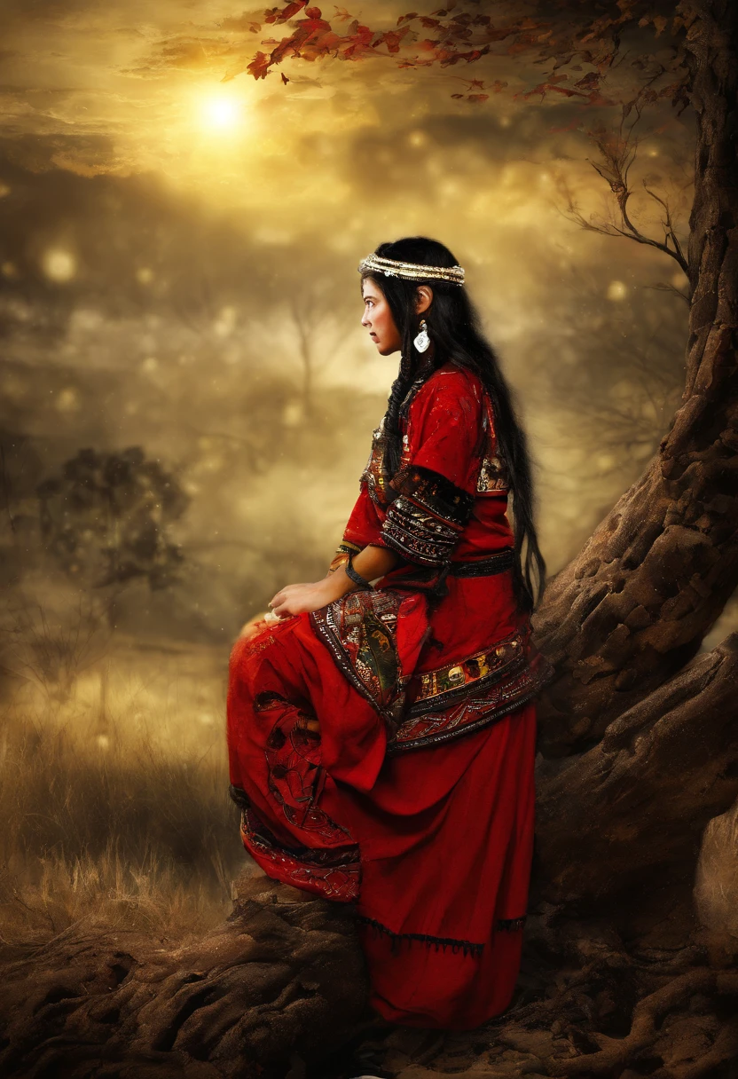 girl,15year old,Brown hair long,Side twists,Hair is slightly curled,red headgear,Black gemstone decoration on the hair,red long skirt,It looks free and loose,Full body like,ancient wind,background starry sky。
