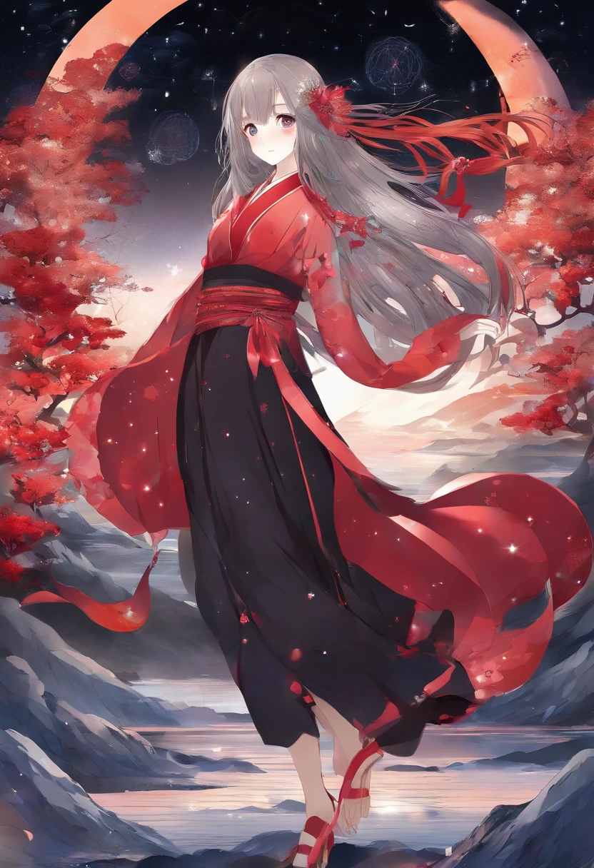 girl,ar old,wn hair long,Side twists,Hair is slightly curled,red headgear,Black gemstone decoration on the hair,red long skirt,It looks free and loose,Full body like,ancient wind,background starry sky。