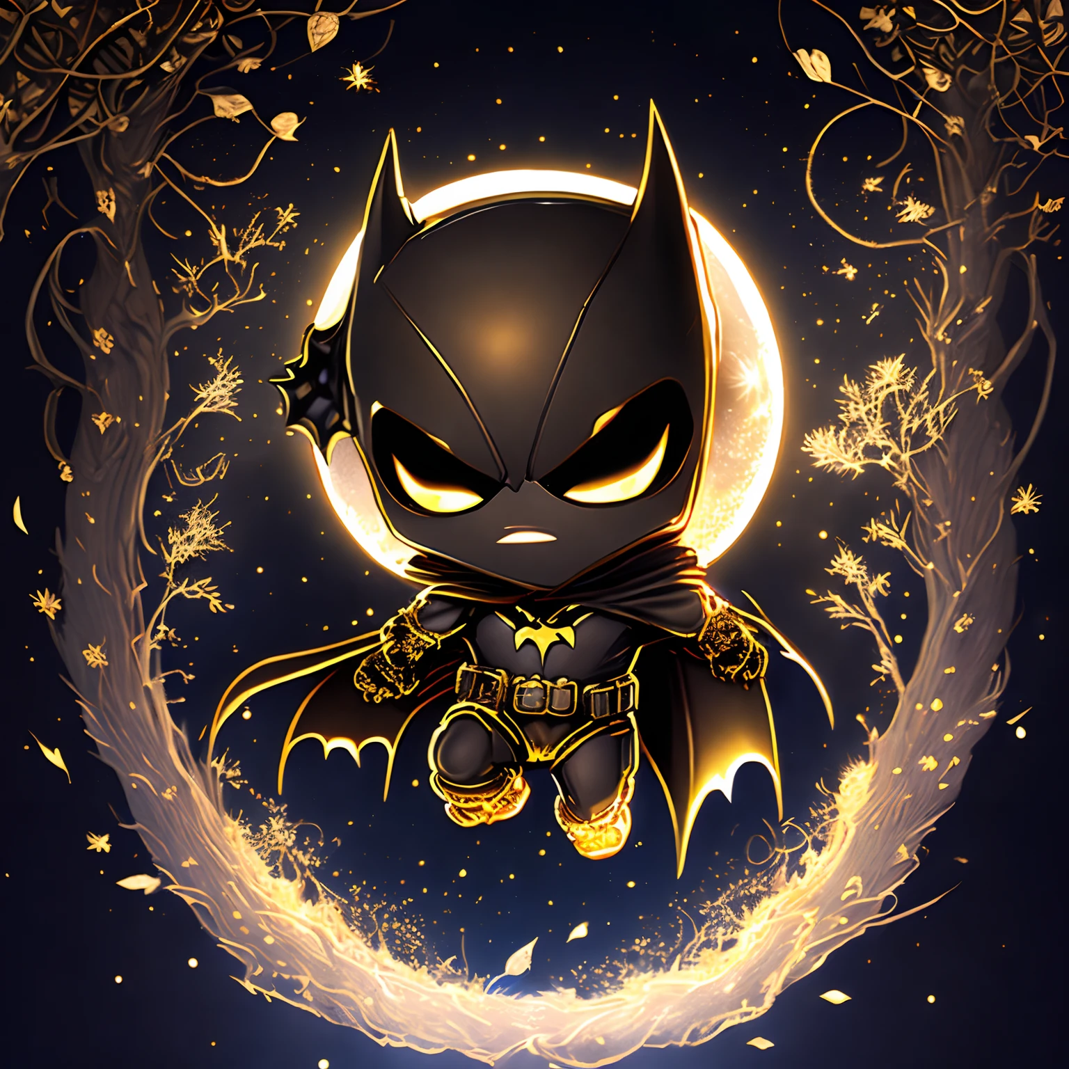 finest image, (chibi character, deformed, full body, big head:1.5, line art), bat man hanging from a branch, background big moon, iridescent golden particles
