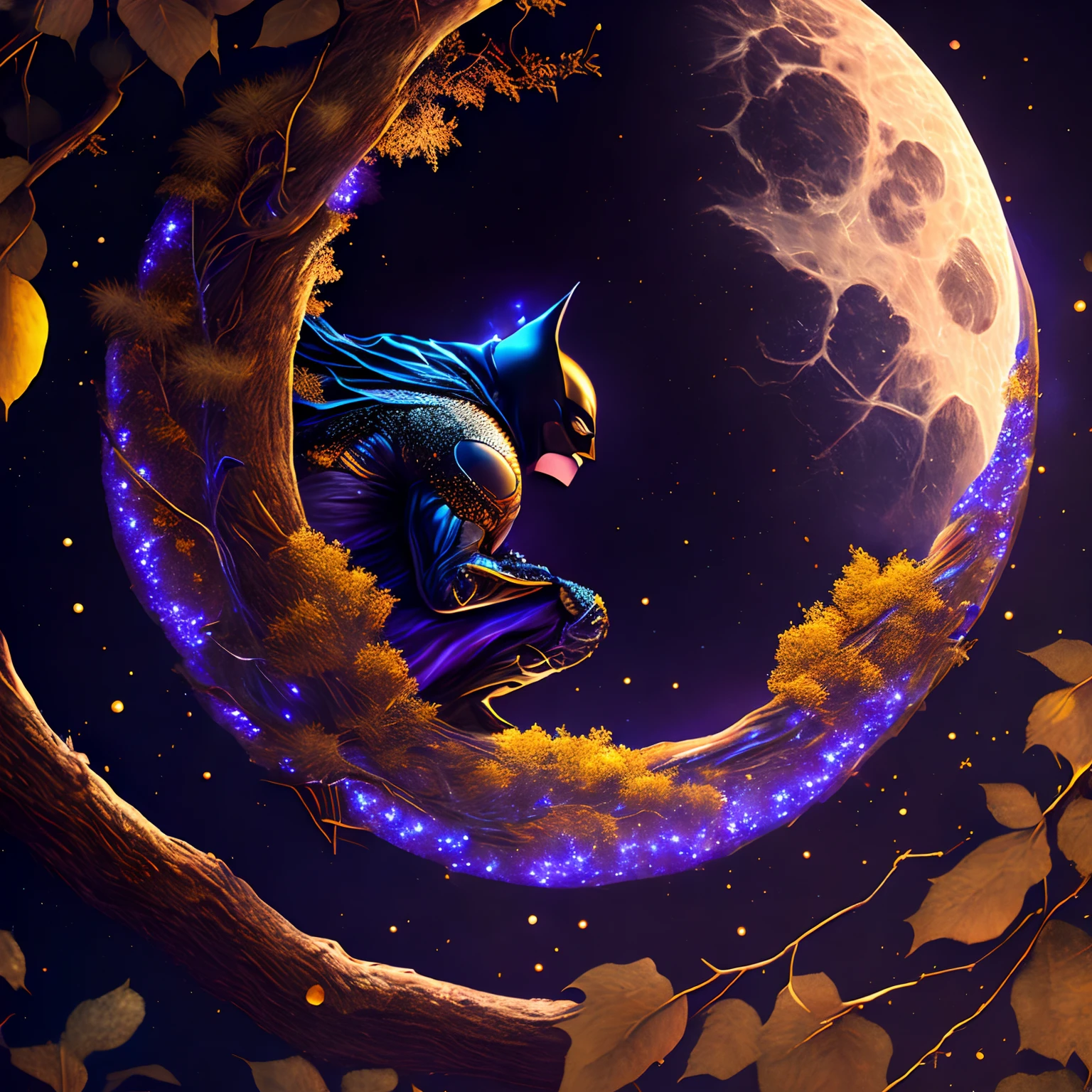 finest image, (8k, RAW photo, realistic), detailed and delicate depiction and flashy and dynamic painting method, bat man hanging from a branch, background big moon, iridescent golden particles