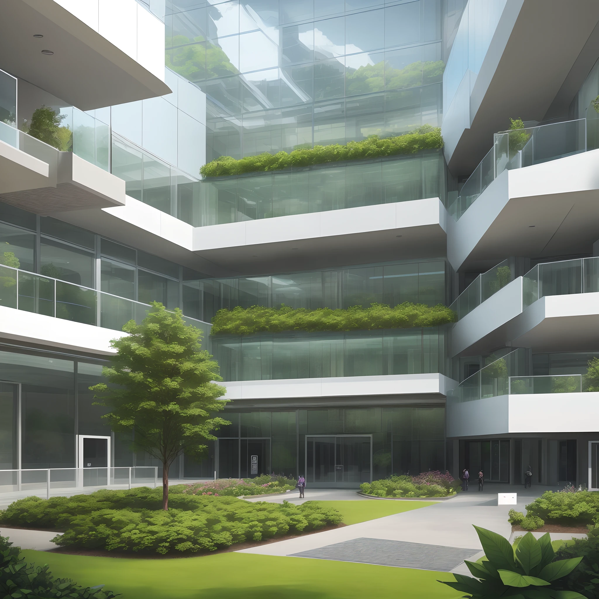 A $500 million tech headquarters named “innovativeAI robotics” with well-maintained greenery and trees, creating a harmonious blend of technology and nature. The facility spans 200,000 square feet and is designed for optimal functionality, with large windows to allow natural light to flood the interior.