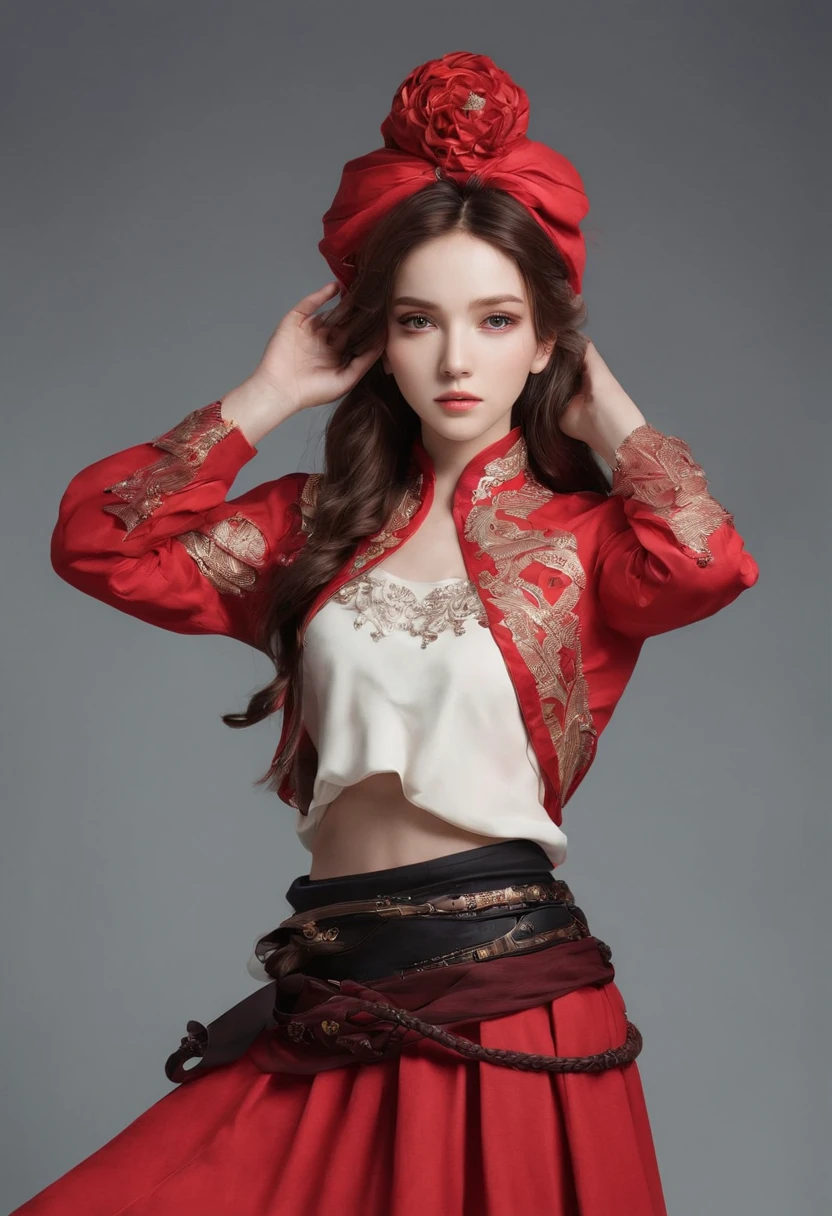 girl，ar old，wn hair long，Side twists，Hair is slightly curled，red headgear，Black gemstone decoration on the hair，red long skirt，It looks free and loose，Full body like，ancient wind，background starry sky。