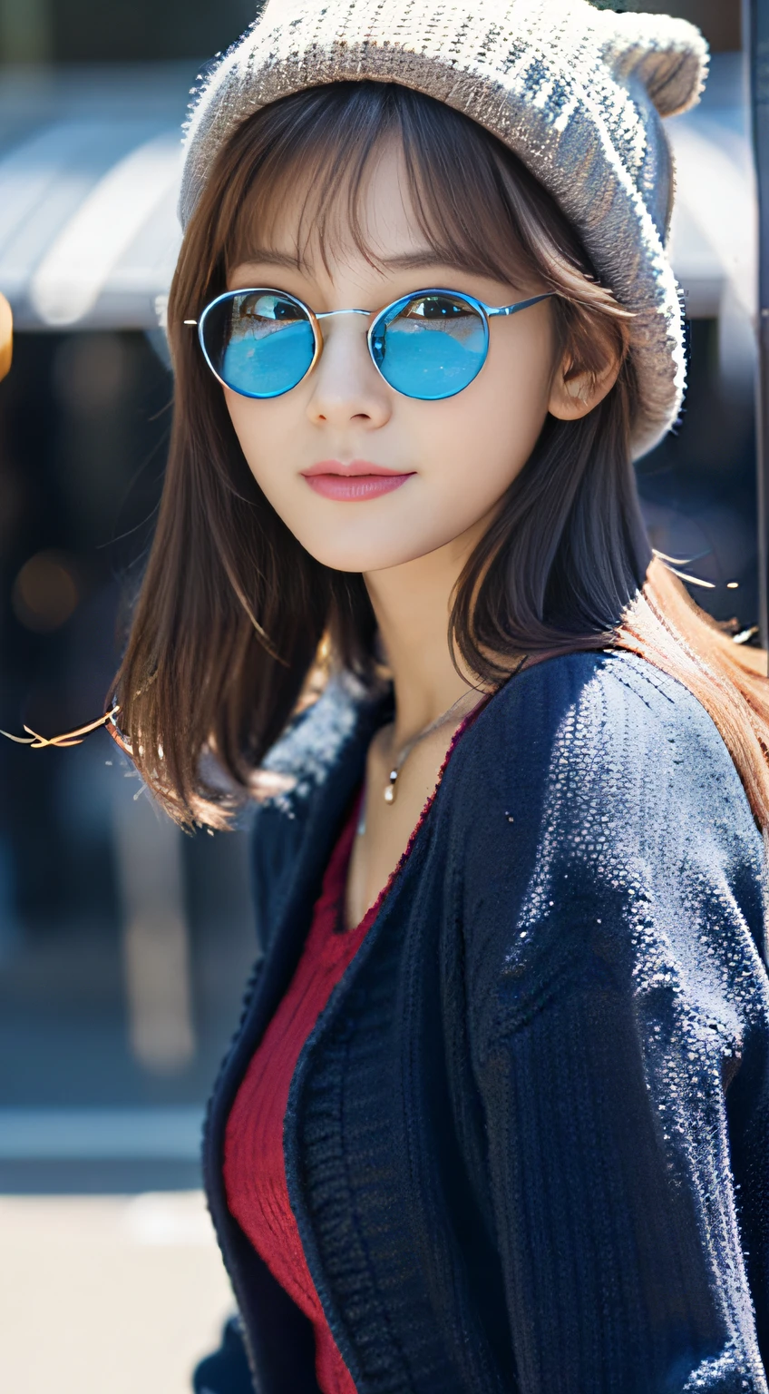 (32K,high-detail,high detal,hight resolution,highdensity,独奏:1.3),(Realistic people,Live Action,A detailed eye,High resolution eyes,Fine eyes,Eyes that look like they are alive,Beautiful dark blue eyes,Fishing eyes,detailed lips,Crystal clear white skin,detailed realistic faces:1.3),(Japanese ido,Korean Idols,model in Japan,Korean models,Korean K-Pop Female Idols:1.2),(with a flushed face,natural make up,a necklace,piercings,Navel piercing:1.4)(Military Cargo Pants,Colorful tops with a large silhouette,Large-sized coat,Leather Boots,Knitted hats,Mode-type beautiful eyes casual:1.6),(well-shaped breasts:1.5),(A young but very beautiful Korean16 years old little girl,Cool eyes,little smiling,facing back,turned around,Looking at the camera,Fashion Leader,fashion modell,Soft skin,Unforgettable eyes,Eyes are too beautiful,I want to go to Paris Collection.,Cutting-edge fashion:1.6),(showing your whole body,Show full-body fashion,Stylish blue glasses:1.7)