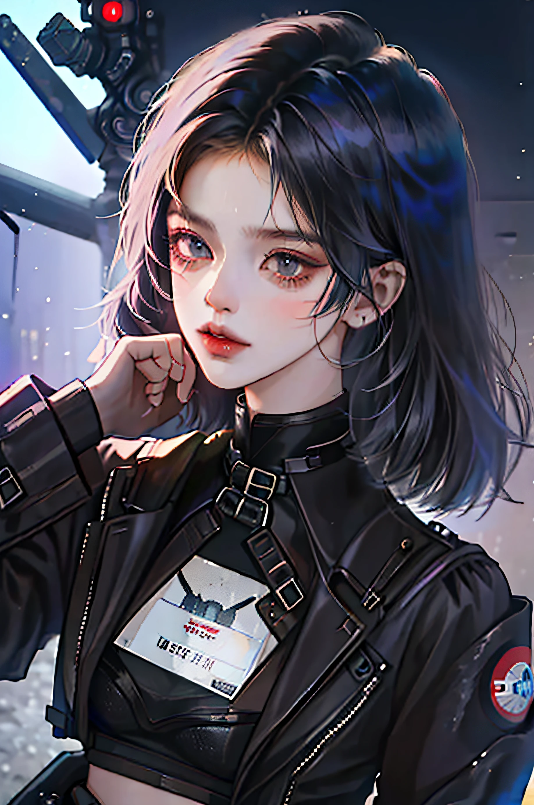 ((Need)), ((tmasterpiece)), (A detailed)，girls， short detailed hair，Pick and dye your hair，Black wallet jacket，blackminiskirt，Black Martin boots， Large locomotives，cyber punk style， Slim figure