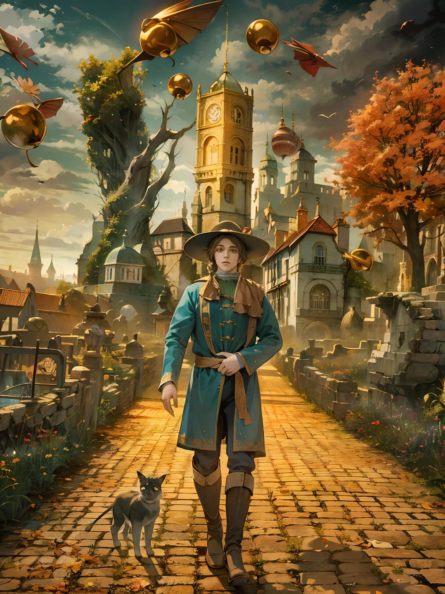 Absurdres masterpiece HDR high quality picture of a random scene from wizard of Oz with a Tim Burton theme style in a beautiful masterpiece background , detailed character, handsome face