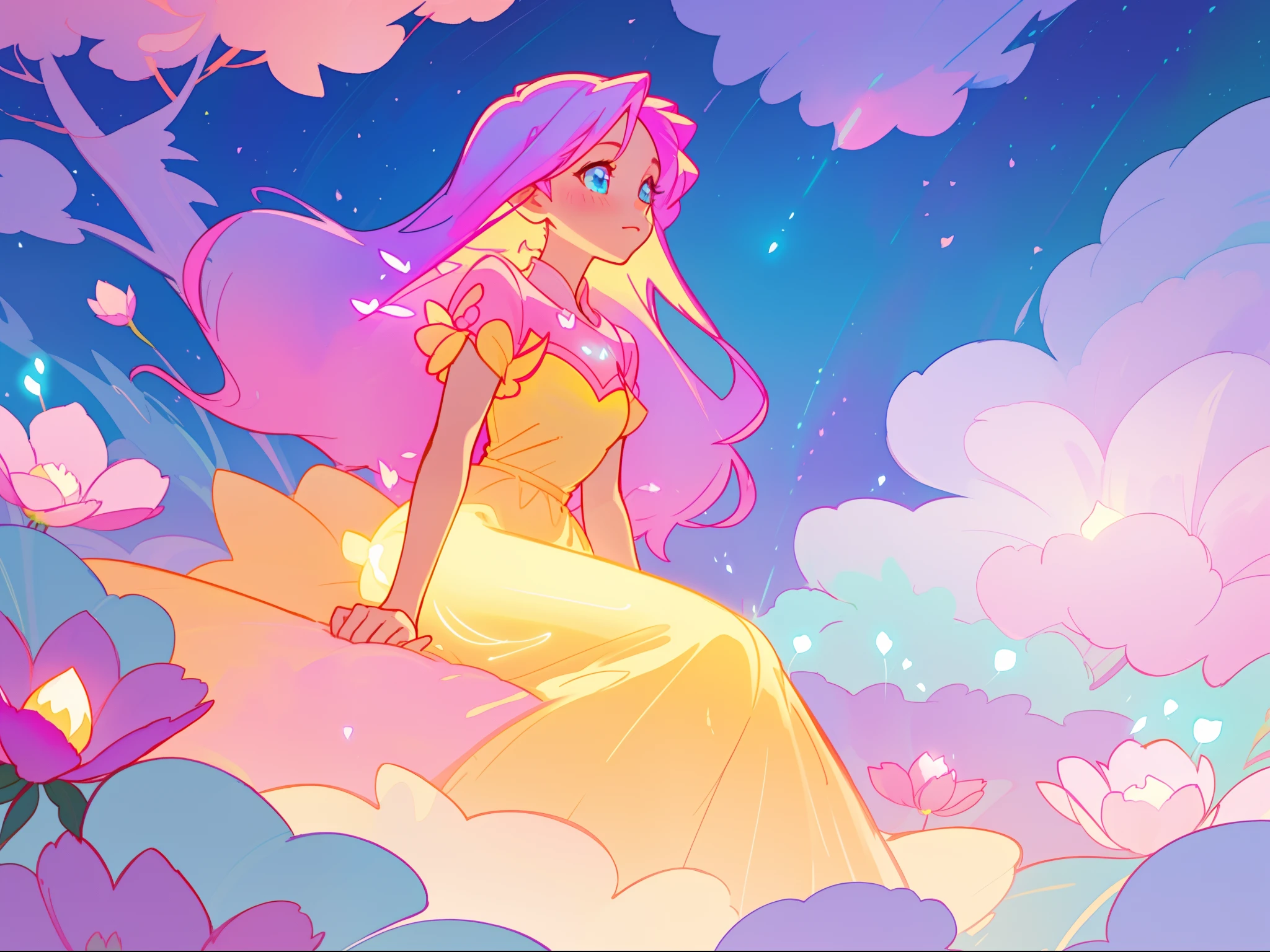 beautiful girl in gradient colorful dress, yellow pink purple fairy dress, beautiful girl sitting in a field with pink red flowers, puffy pink flowers, glowing lights, whimsical landscape, long dark blue flowing hair, watercolor illustration, inspired by Glen Keane, inspired by Lois van Baarle, disney art style, by Lois van Baarle, glowing aura around her, by Glen Keane, jen bartel, glowing lights! digital painting, flowing glowing hair, glowing flowing hair, beautiful digital illustration, fantasia otherworldly landscape plants flowers, beautiful, masterpiece, best quality, anime disney style