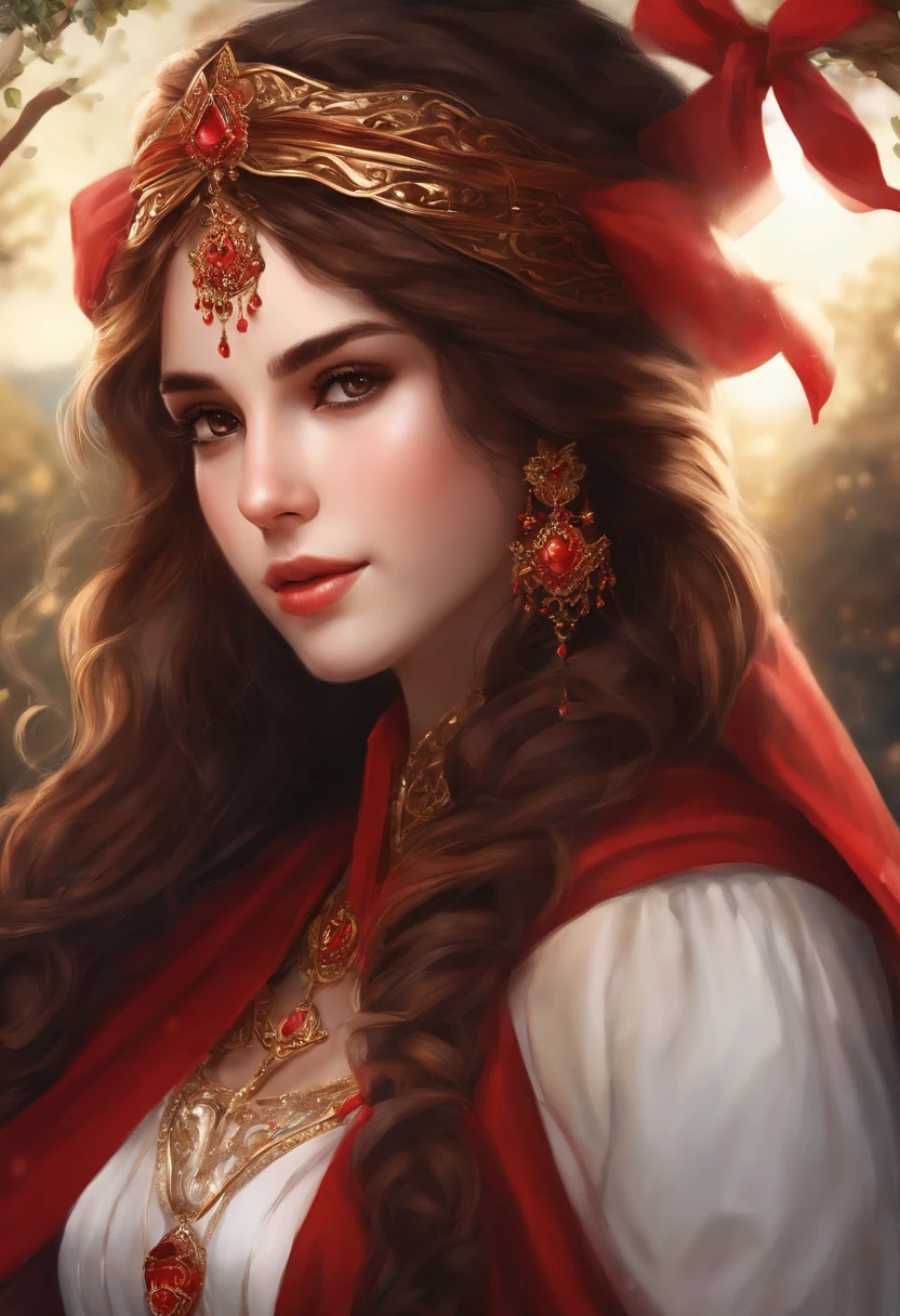 girl，ar old，wn hair long，Side twists，Hair is slightly curled，red headgear，Black gemstone decoration on the hair，red long skirt，with hands behind her back，It looks free and loose，Full body like，ancient wind，background starry sky。