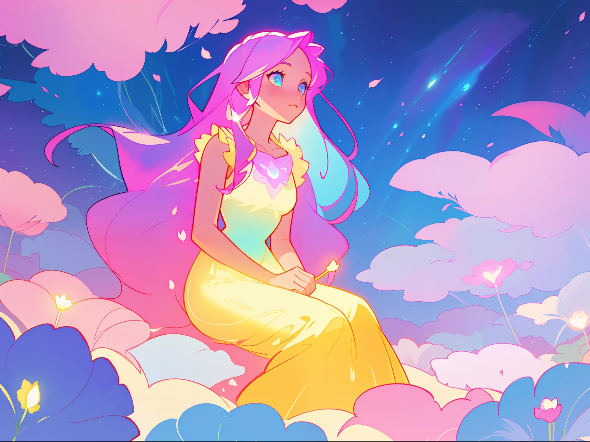 beautiful girl in gradient colorful dress, yellow pink purple fairy dress, beautiful girl sitting in a field with pink red flowers, puffy pink flowers, glowing lights, whimsical landscape, long dark blue flowing hair, watercolor illustration, inspired by Glen Keane, inspired by Lois van Baarle, disney art style, by Lois van Baarle, glowing aura around her, by Glen Keane, jen bartel, glowing lights! digital painting, flowing glowing hair, glowing flowing hair, beautiful digital illustration, fantasia otherworldly landscape plants flowers, beautiful, masterpiece, best quality, anime disney style