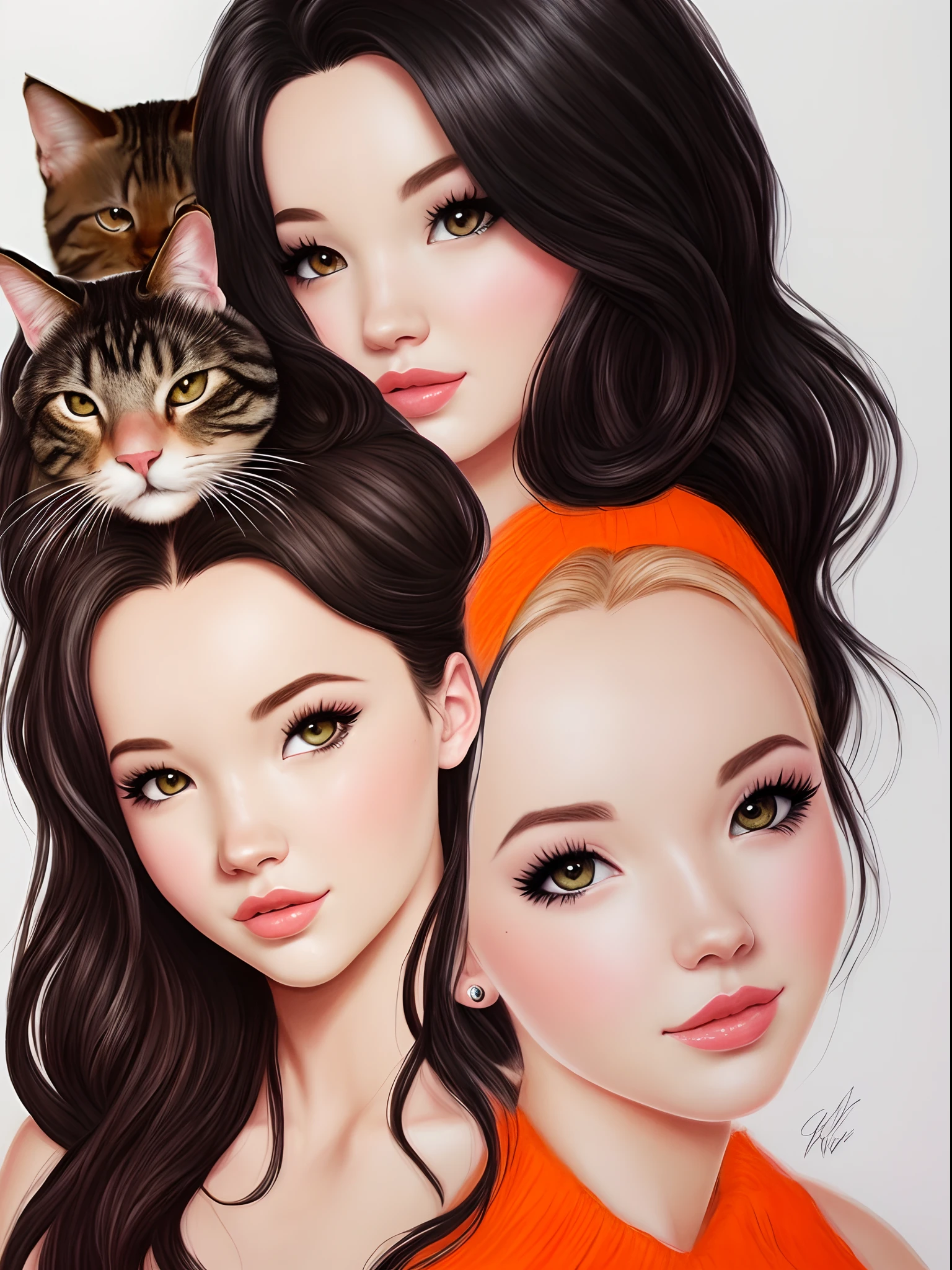Pretty Girl Hyperrealism Illustration @dovecameron con cabello negro y un gato naranja realista