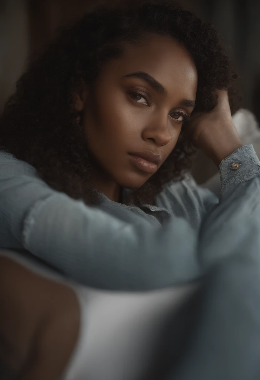 Black girl with caramel skin, long wavy hair, black hair, upturned almond shaped eyes, pale blue eyes, long eyelashes, full lips, button nose, supernatural beauty, lidded eyes, seductive.