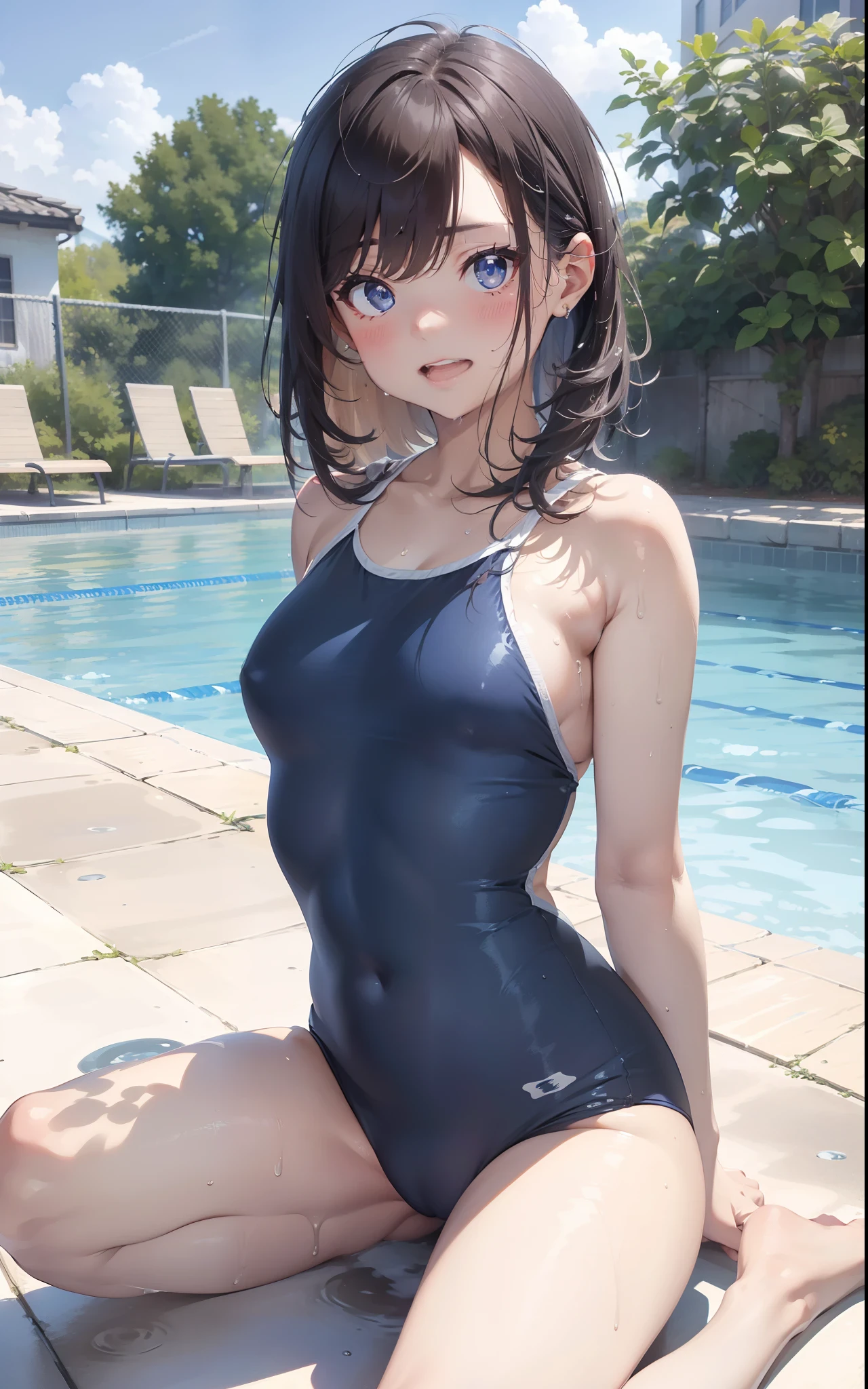 ((top-quality))、((masterpiece))、girl with、Formal-up、a blond、Blue eyes、gals、beautiful detailed eyes and face、pretty skin、Realistic、a very cute、18year old、School swim wear(Dark blue color、Simple design、Matte texture、Wrinkle、Wet、Polyester material、shadings、)Wet body、Anime Face、Beautie、Facing the front、big eye(Beautiful fece、Anime Face、Clear eyes、Fine details、beautidful eyes)Well-formed face(Beautiful nasal muscles、Perplexed、sharp mouth)full of sweat、sodden、Wet feeling、Background with(sunny sky、takeout)、8K picture quality、perfectly proportions、A slender、red blush、female focus on, hair adornments,length hair, Look at viewers,pissing、お漏らし、pee、getting wet