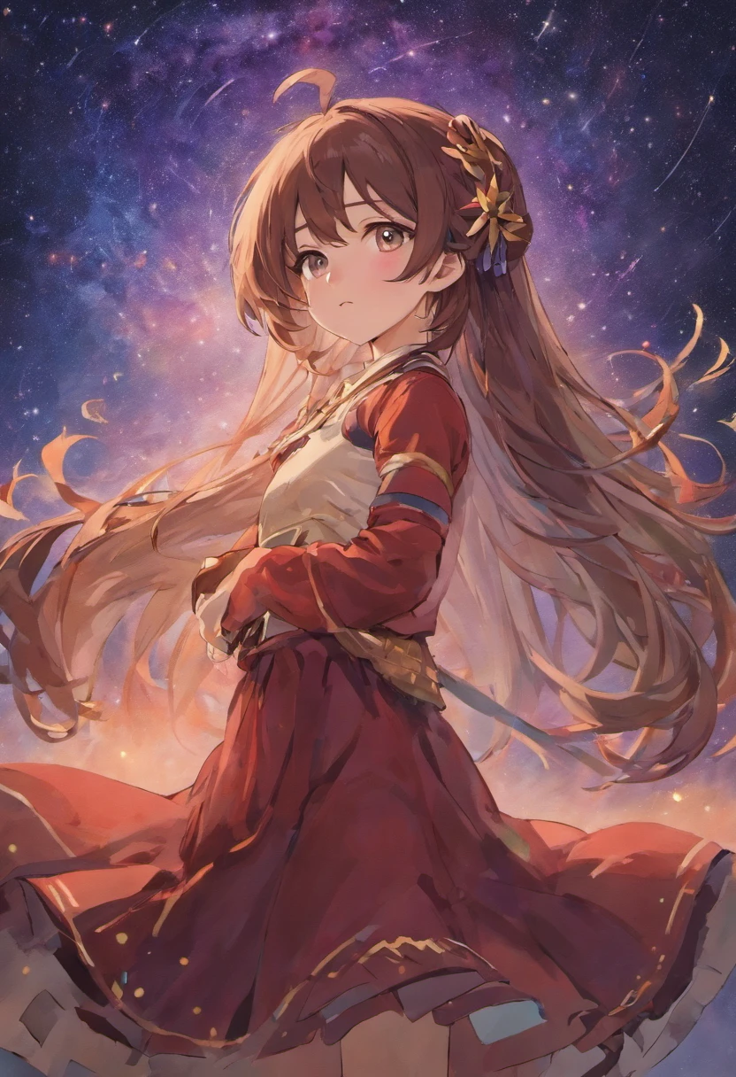 girl,15year old,Brown hair long,Side twists,Hair is slightly curled,red headgear,Black gemstone decoration on the hair,red long skirt,with hands behind her back,It looks free and loose,Full body like,ancient wind,background starry sky