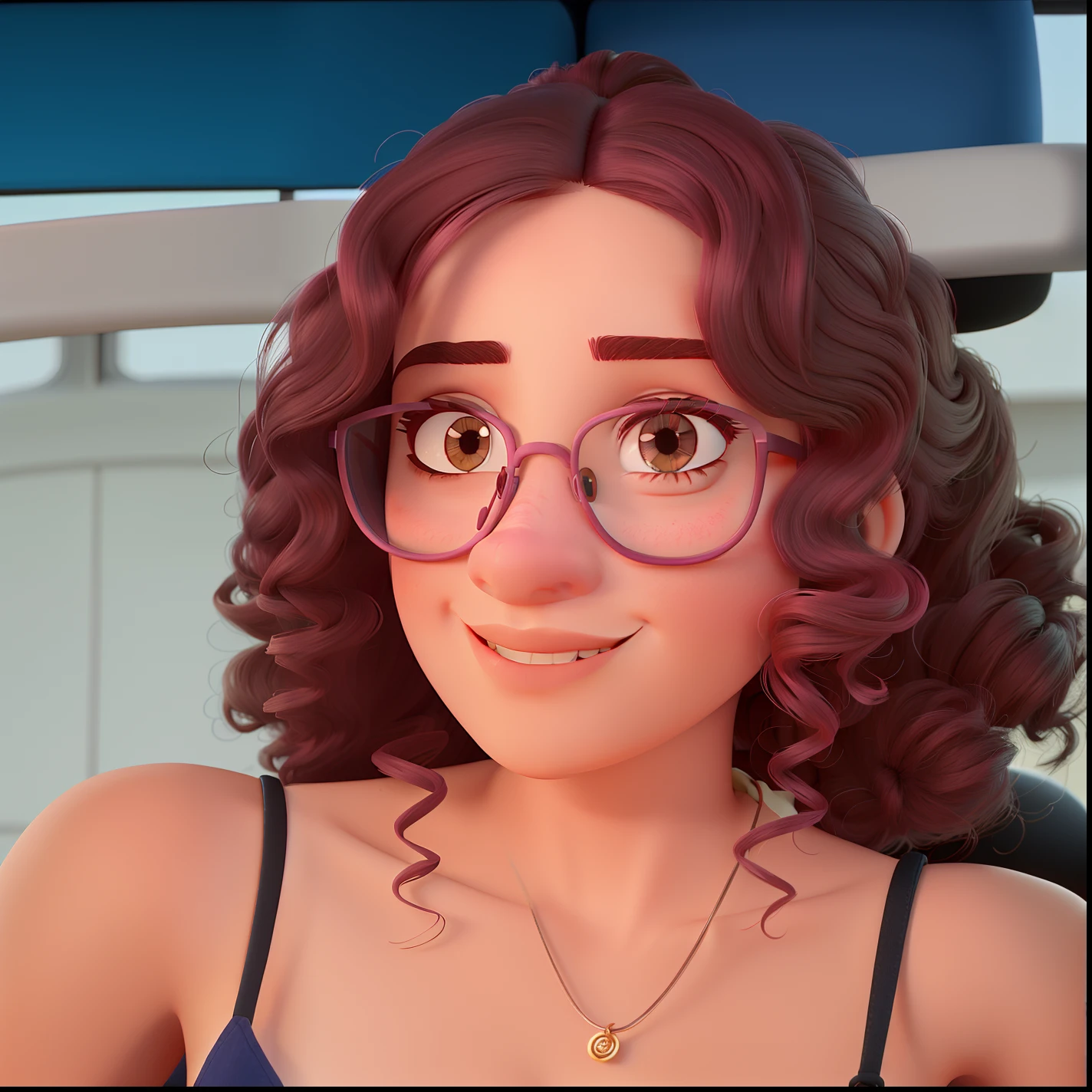 de oculos rosa, olhos castanhos, cabelo encaracolados in style Pixar