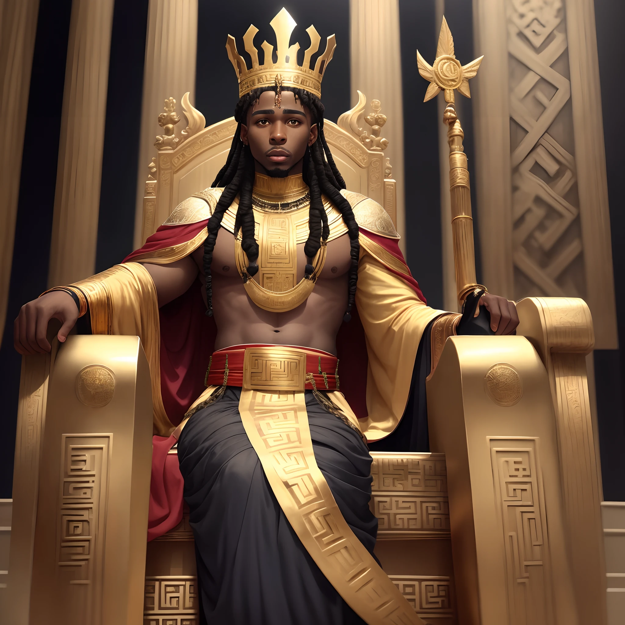 A tall black man with braids sits on a golden throne casually. The room is filled with people who are on their knees. He is dressed in a Greek chiton that half covers his torso.Il porte un masque africain, He is crowned, et porte des sandales