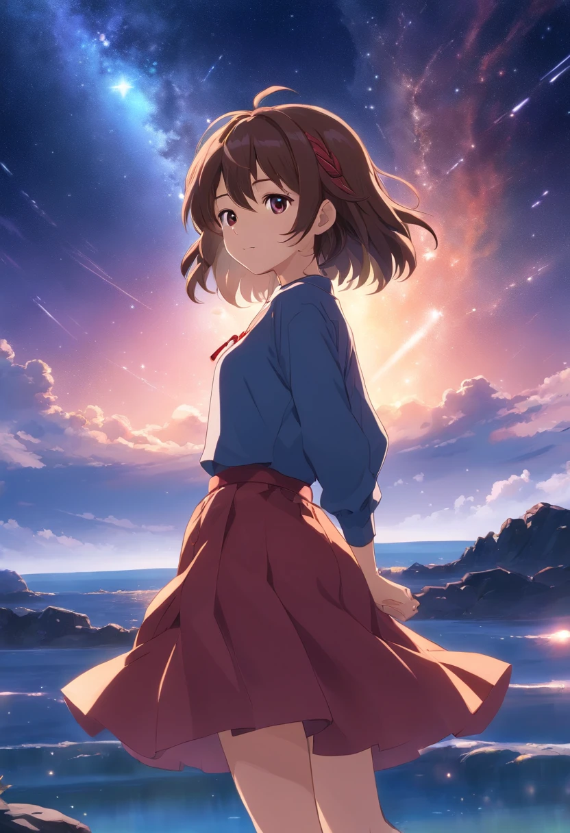 girl,15year old,Brown hair long,Side twists,Hair is slightly curled,red headgear,Black gemstone decoration on the hair,red long skirt,with hands behind her back,It looks free and loose,Full body like,ancient wind,background starry sky
