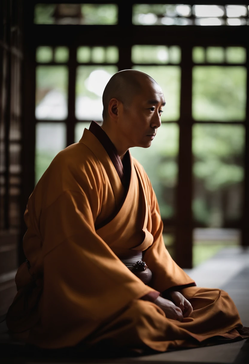 2 year old Chinese monk,They were holding hands.,Sitting cross-legged,Orange monk's robe,Perfect Face,Face the viewer,Black Background,Ultra-clear image quality,Ultra-realistic style of life life,9:16 scale
