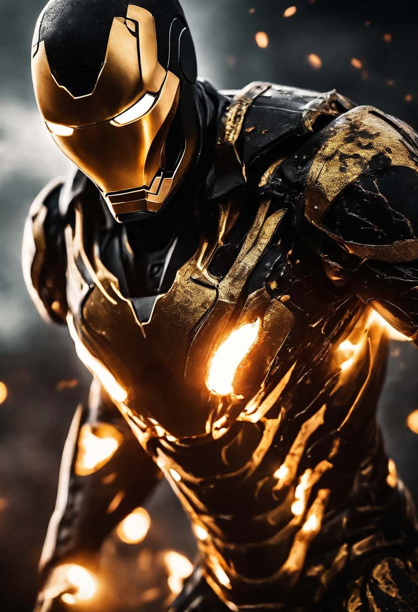 Gold and black Venom Ironman combined, sharp long teeth, fire, explosions, damaged armour