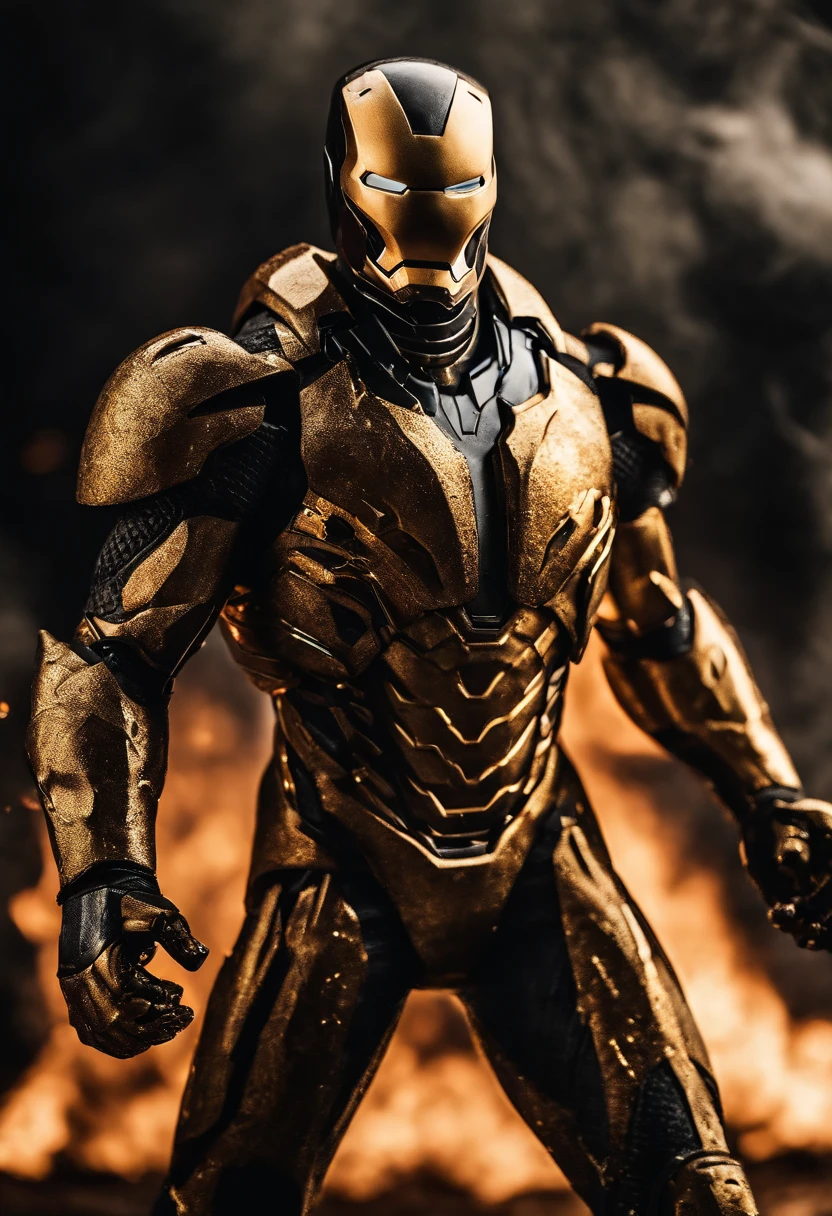 Gold and black Venom Ironman combined, sharp long teeth, fire, explosions, damaged armour