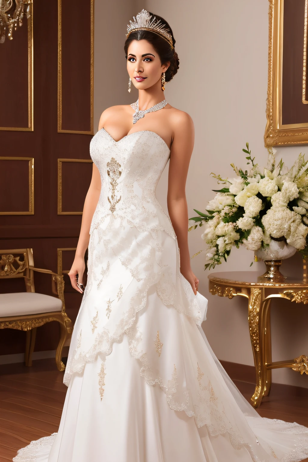 ((Obra maestra)),((La mejor calidad)),((High detail)),((realista,)) hermosa reina, grandes pechos, sosteniendo una espada, vestida con elegante atuendos de la realeza y una corona incrustada con piedras preciosas