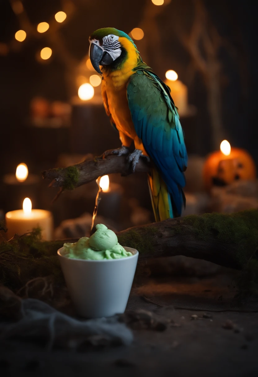 halloween, horror, zombie hand coming out of the ground holding a glass of green ice cream, a yellow and blue macaw bird, disfigured hand, movie set, darkness, moon coming out with cemetery background, evil pumpkin, candles, mosses, owls, catatomb, dry trees, spiders, high definition image, best quality, (8k) high definition