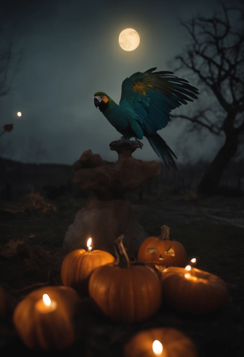 halloween, horror, zombie hand coming out of the ground holding a glass of green ice cream, a yellow and blue macaw bird, disfigured hand, movie set, darkness, moon coming out with cemetery background, evil pumpkin, candles, mosses, owls, catatomb, dry trees, spiders, high definition image, best quality, (8k) high definition