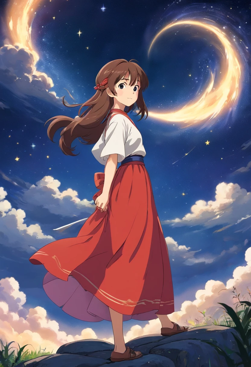 girl,15year old,Brown hair long,Side twists,Hair is slightly curled,red headgear,Black gemstone decoration on the hair,red long skirt,with hands behind her back,It looks free and loose,Full body like,ancient wind,background starry sky