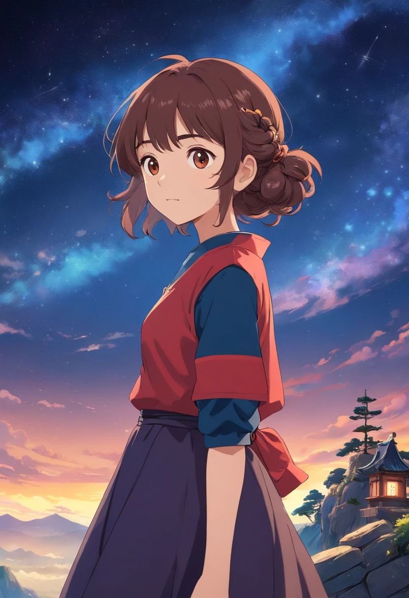 girl，ar old，wn hair long，Side twists，Hair is slightly curled，red headgear，Black gemstone decoration on the hair，red long skirt，with hands behind her back，It looks free and loose，Full body like，ancient wind，background starry sky