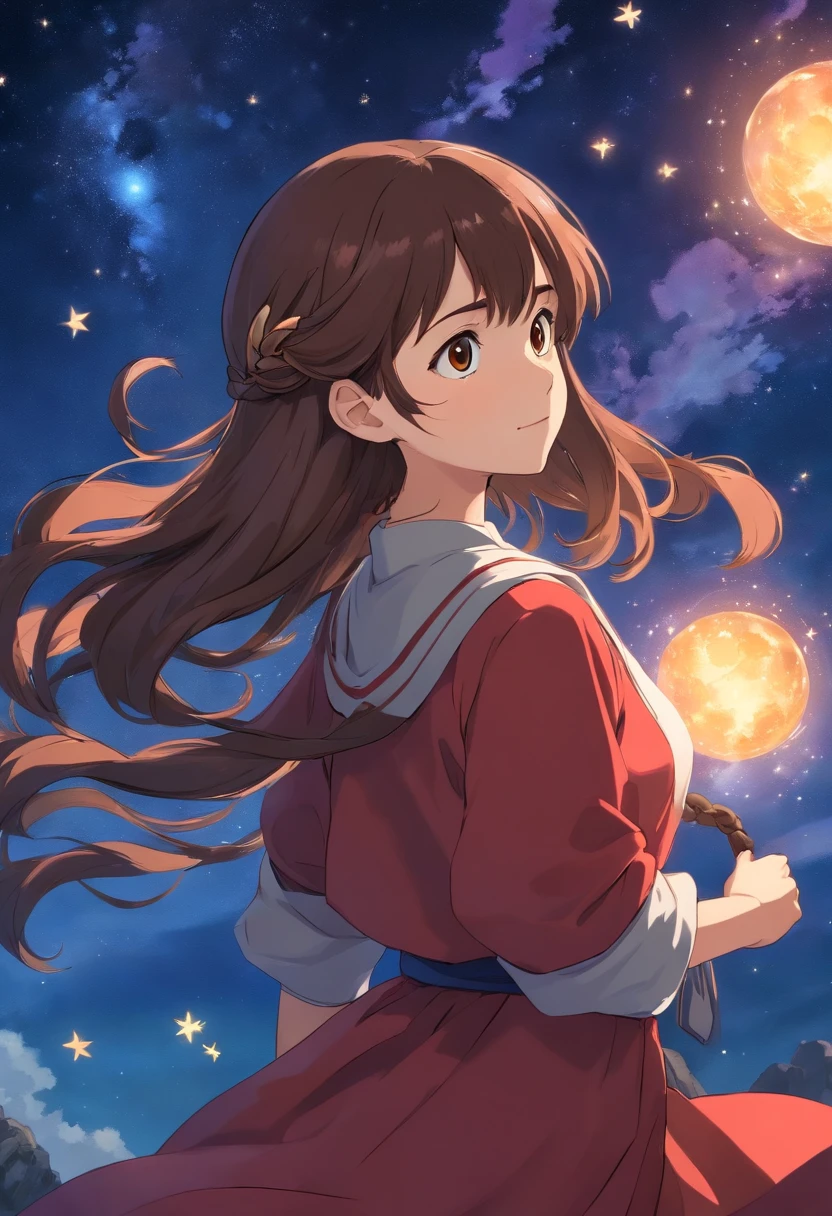 girl,15year old,Brown hair long,Side twists,Hair is slightly curled,red headgear,Black gemstone decoration on the hair,red long skirt,with hands behind her back,It looks free and loose,Full body like,ancient wind,background starry sky