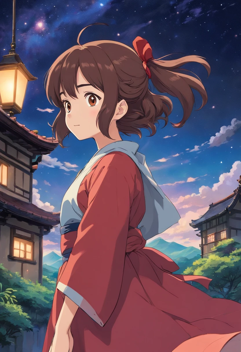 girl，15year old，Brown hair long，Side twists，Hair is slightly curled，red headgear，Black gemstone decoration on the hair，red long skirt，with hands behind her back，It looks free and loose，Full body like，ancient wind，background starry sky