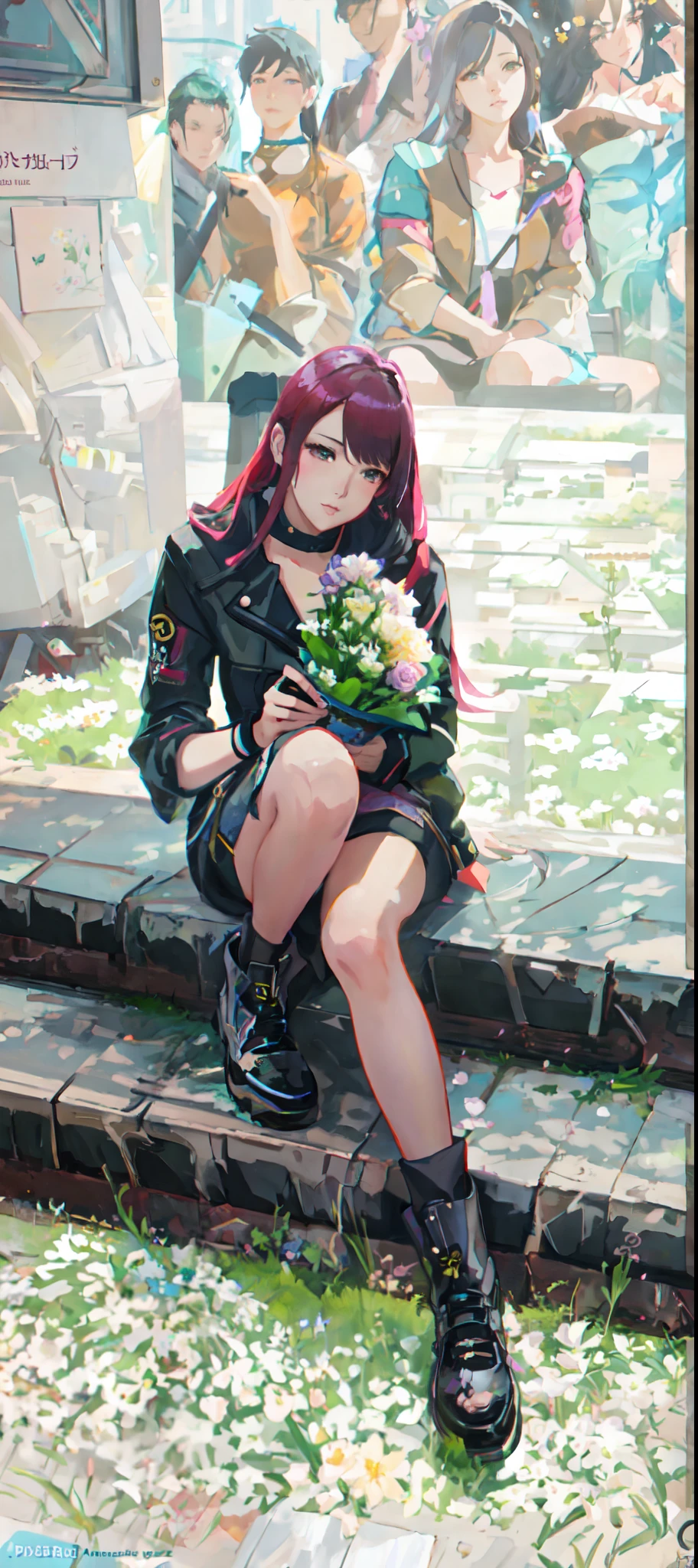 there is a woman sitting on a bench with a bunch of flowers, artwork in the style of guweiz, made with anime painter studio, painted in anime painter studio, with flowers, in the art style of bowater, anime realism style, cyberpunk flowerpunk, realistic anime artstyle, realistic artstyle, guweiz on pixiv artstation, sitting with flowers