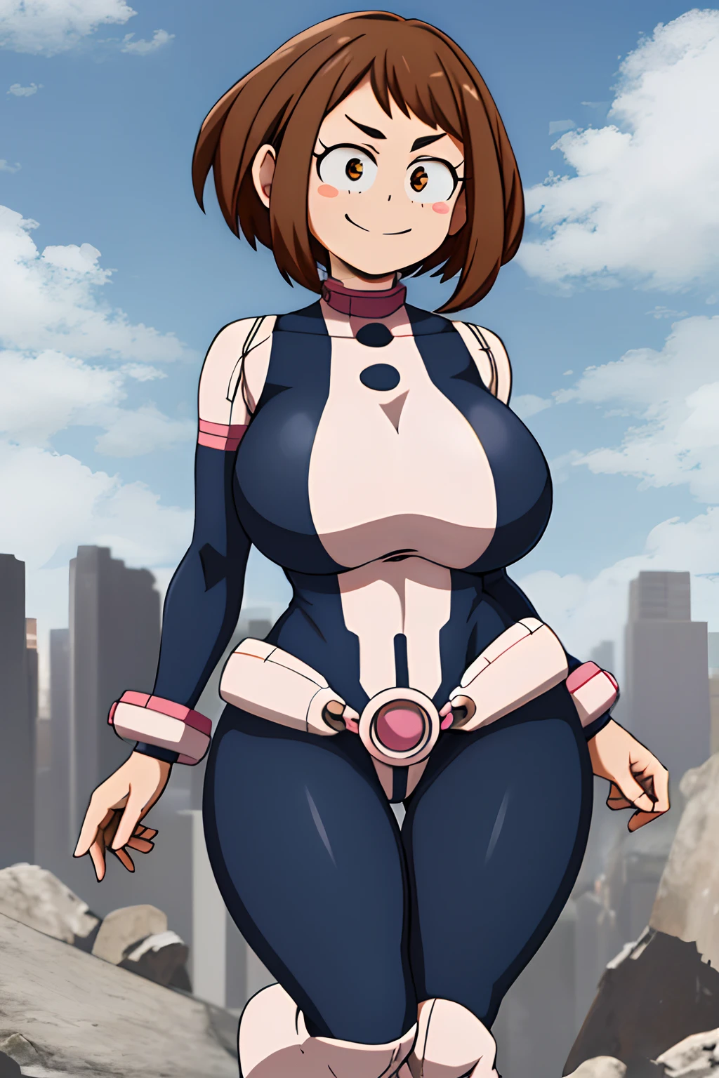 masterpiece, best quality, highres, hmochako, blush stickers, short hair, (((pixie cut 1.6))), huge breasts, superhero, bodysuit, boots, ruins, building, fighting stance,  hand on hip, wide hips, thick thighs ((curvy)), latex suit, sexy, smile, sensual, (((mature female 1.5)))