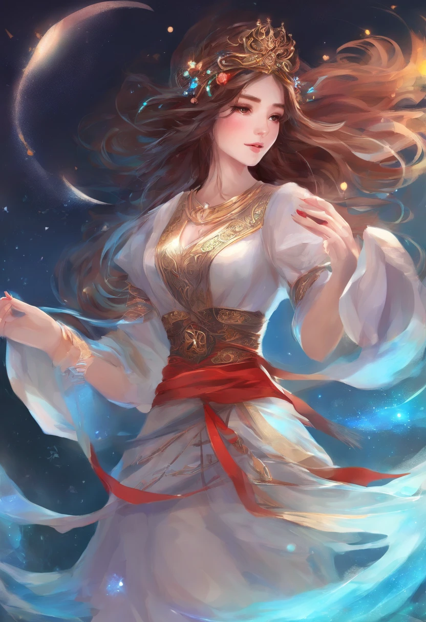 girl，ar old，wn hair long，Side twists，Hair is slightly curled，red headgear，Black gemstone decoration on the hair，red long skirt，with hands behind her back，It looks free and loose，Full body like，ancient wind，background starry sky