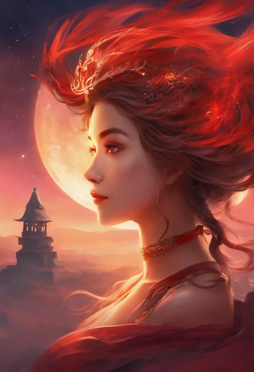 girl，15year old，Brown hair long，Side twists，Hair is slightly curled，red headgear，Black gemstone decoration on the hair，red long skirt，with hands behind her back，It looks free and loose，Full body like，ancient wind，background starry sky