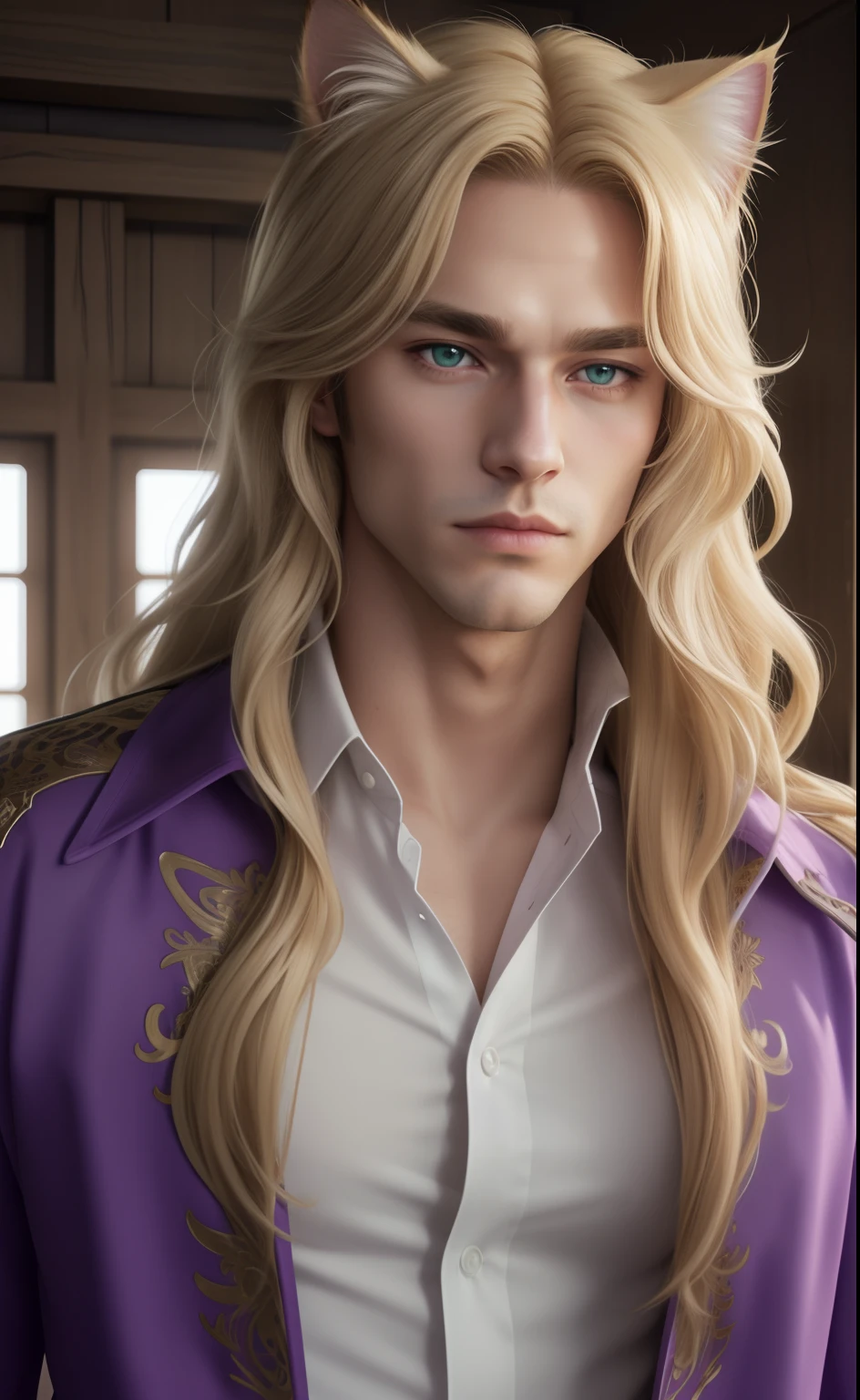 Purple coat, one male, cat ears, long hair, blond, blond hair, green eyes, tall, muscular, white shirt, beautiful face, highest quality, masterpiece, 2d, anime, perfect face, highest detail, feline eyes, stubble, cat tail, wavy hair, cowboy shot, detailed face, intricate details, blushing, nervous,
