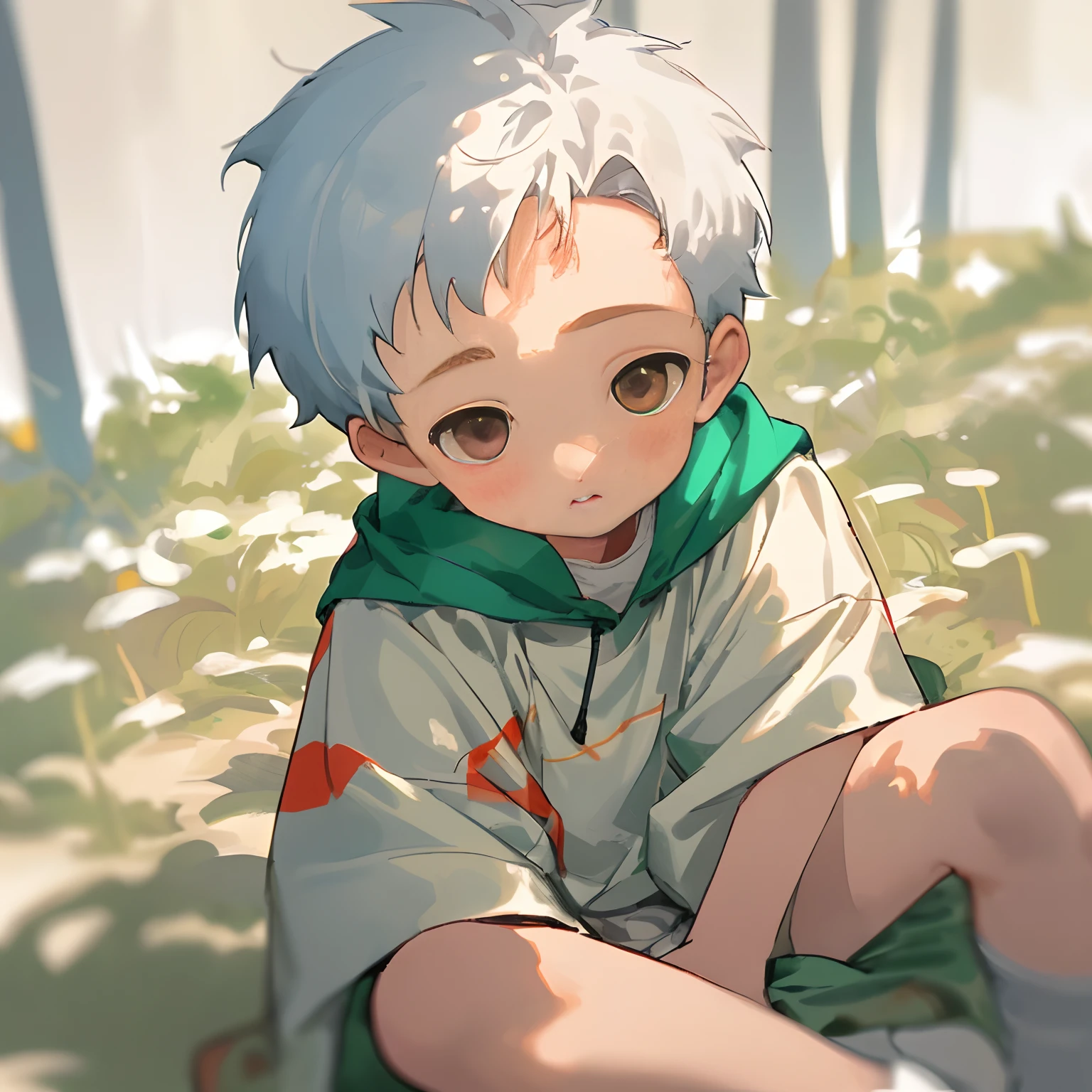 the woods,One Boy,Oversize,Oversize,80 cm,Dowel shirt,parka,Short pants,Oversize,Male child,2 year olds,Juvenile body shape,small body shape,short round face,younge boy,younge boy, child-faced,infancy，toddlers,young age，short round face，Flat chin，infancy,(child-faced),Spread your legs apart,young age,Flat chin,finely detaild face,White Shorthair,Bright hair,White eyes,Keep your eyes wide open,Bright,Bright and vivid colors,(depth of fields:1.2),Spread your legs apart,narrow shoulders,Stroking shoulders,smooth curves,fleshy physique,,Little Boy's Face,Little Boy's Face,Boy's face,short torso,short torso,short round face