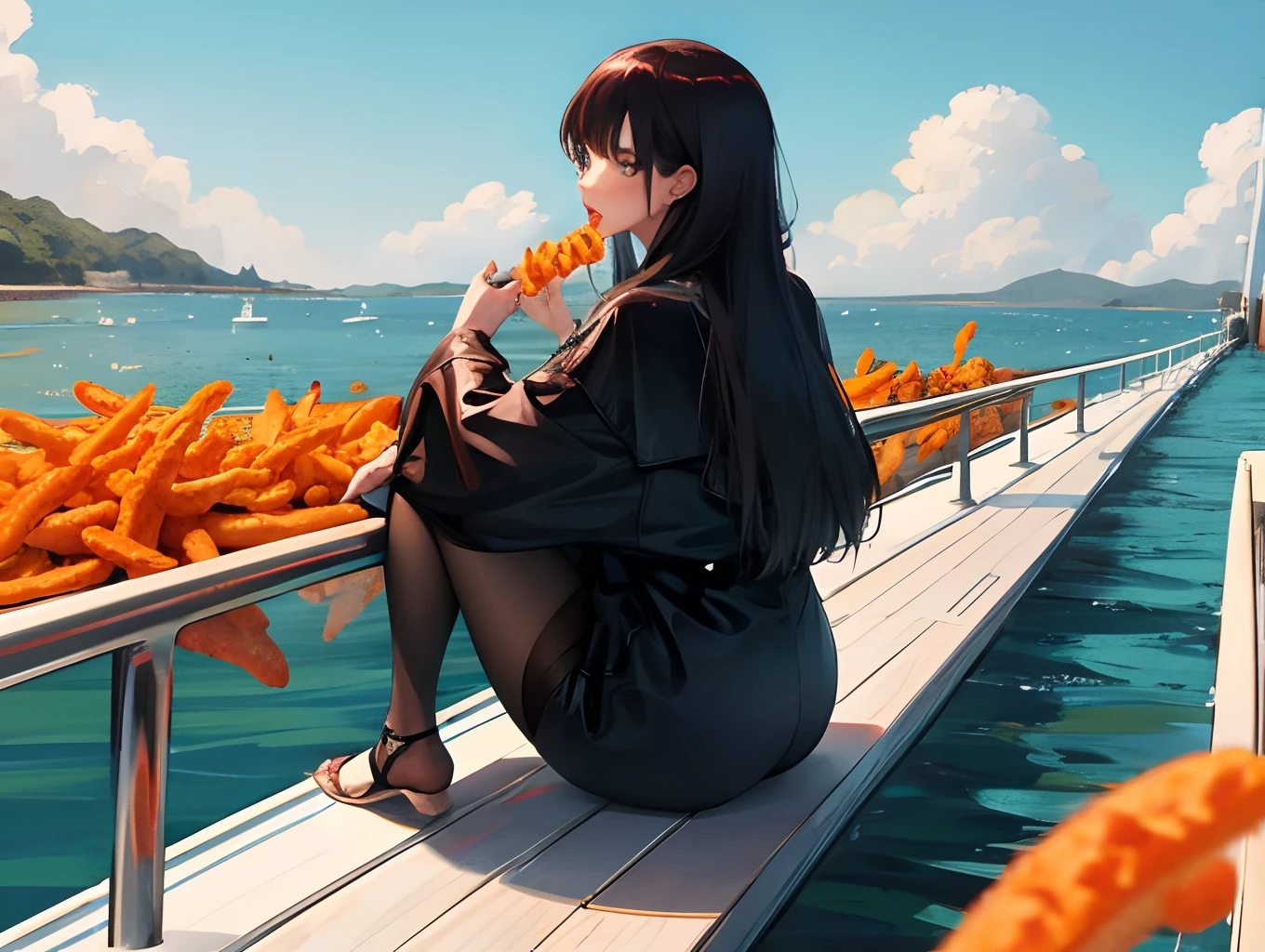 kim kardashion on a boat eating cheetos