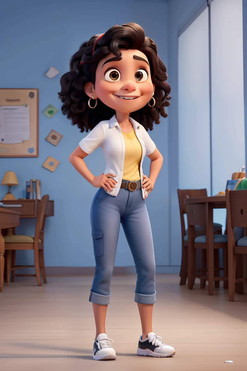 Uma mulher estilo pixar Disney alta qualidade, melhor qualidade, negra  cabelo curto enrolado personalidade forte, mami, Accounting Businesswoman, in white sneakers, sorrindo, 40 anos, in scenarios with customers