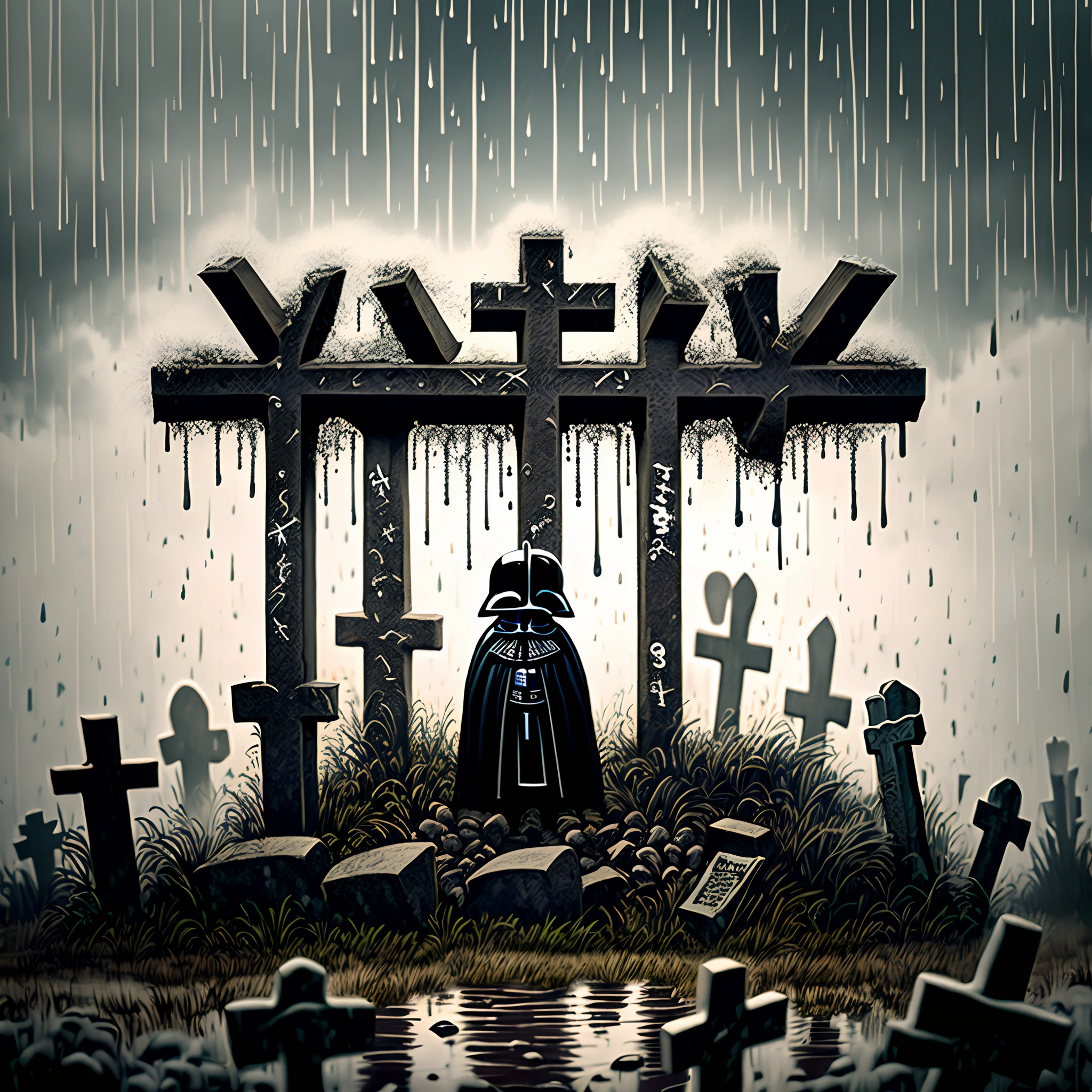 graffiti font lil vader in the rain of a graveyard with falling crosses