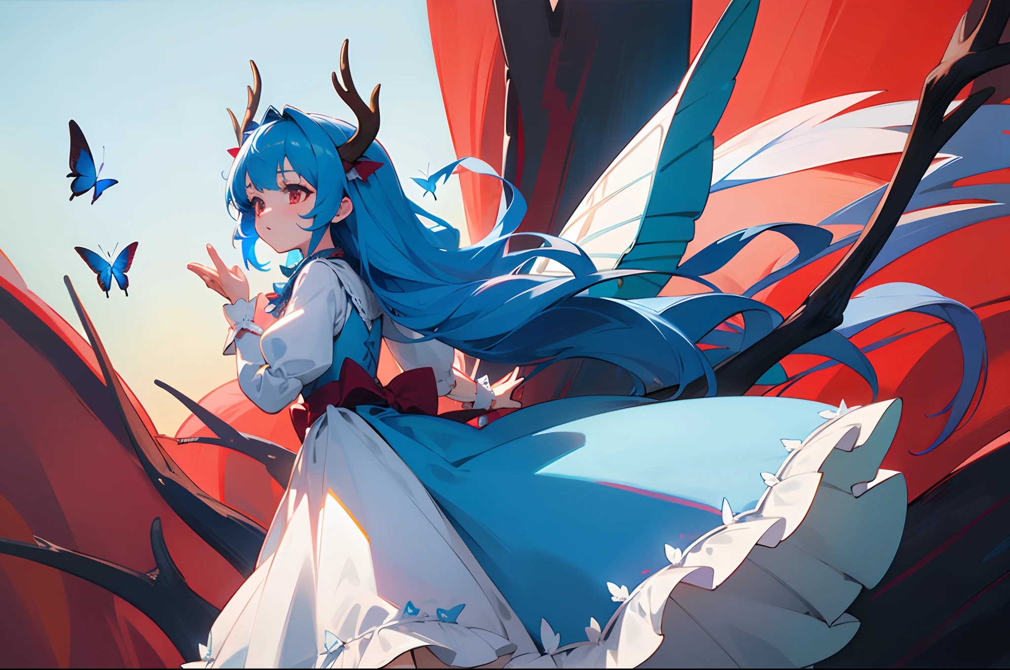 blue hairs,long whitr hair, girl,Chirlies,Bow knot,Elk antlers,Princess dress,red color eyes,Butterflies in the air