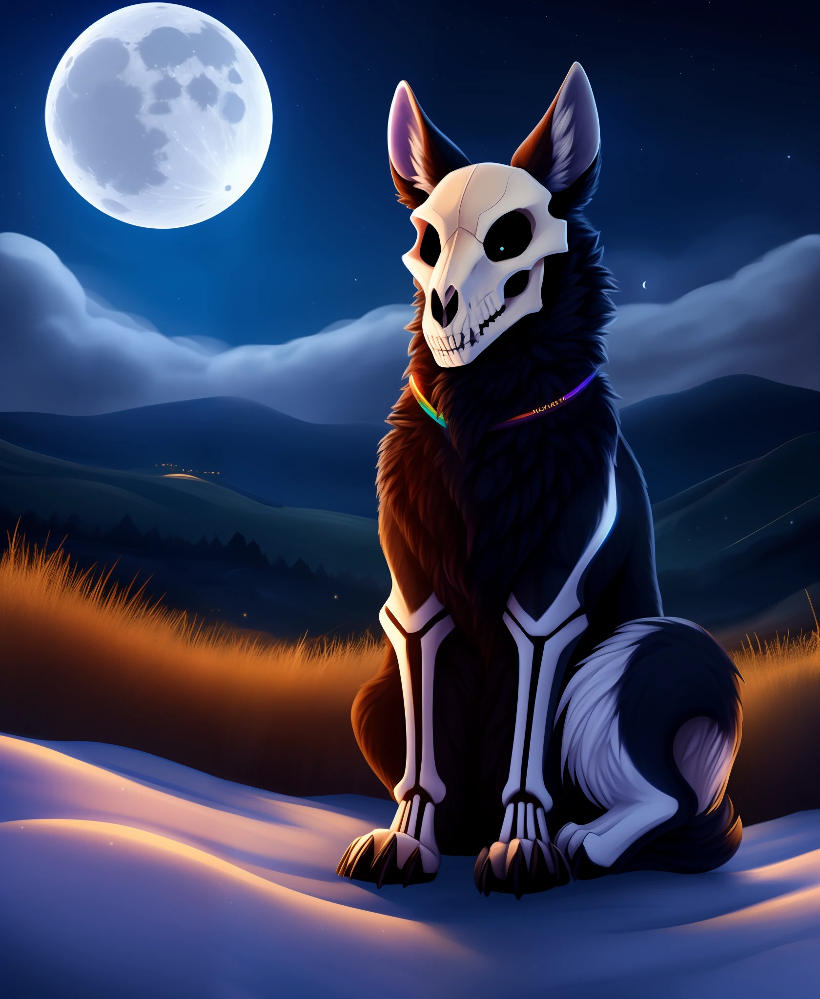 black eyes of death,kkw-fur,black hollow eyes,(ultra detailed:1.4),8k,full body,full body view,(far shot:1.5),(highly detailed:1.4),(detailed face:1.4),(detailed eyes:1.2),skulldog,anthro,naked,nude,rainbow nose,rainbow markings,paws,cityscape,in winter,highres,colorful,gradient_sky,night_sky,starry_sky,hyper_galaxy,moon,full_moon,moonlight,universe,nature,oasis,field,plateau, spoopy skully, one tail, paws, skull face, skeleton face, anthro skull,